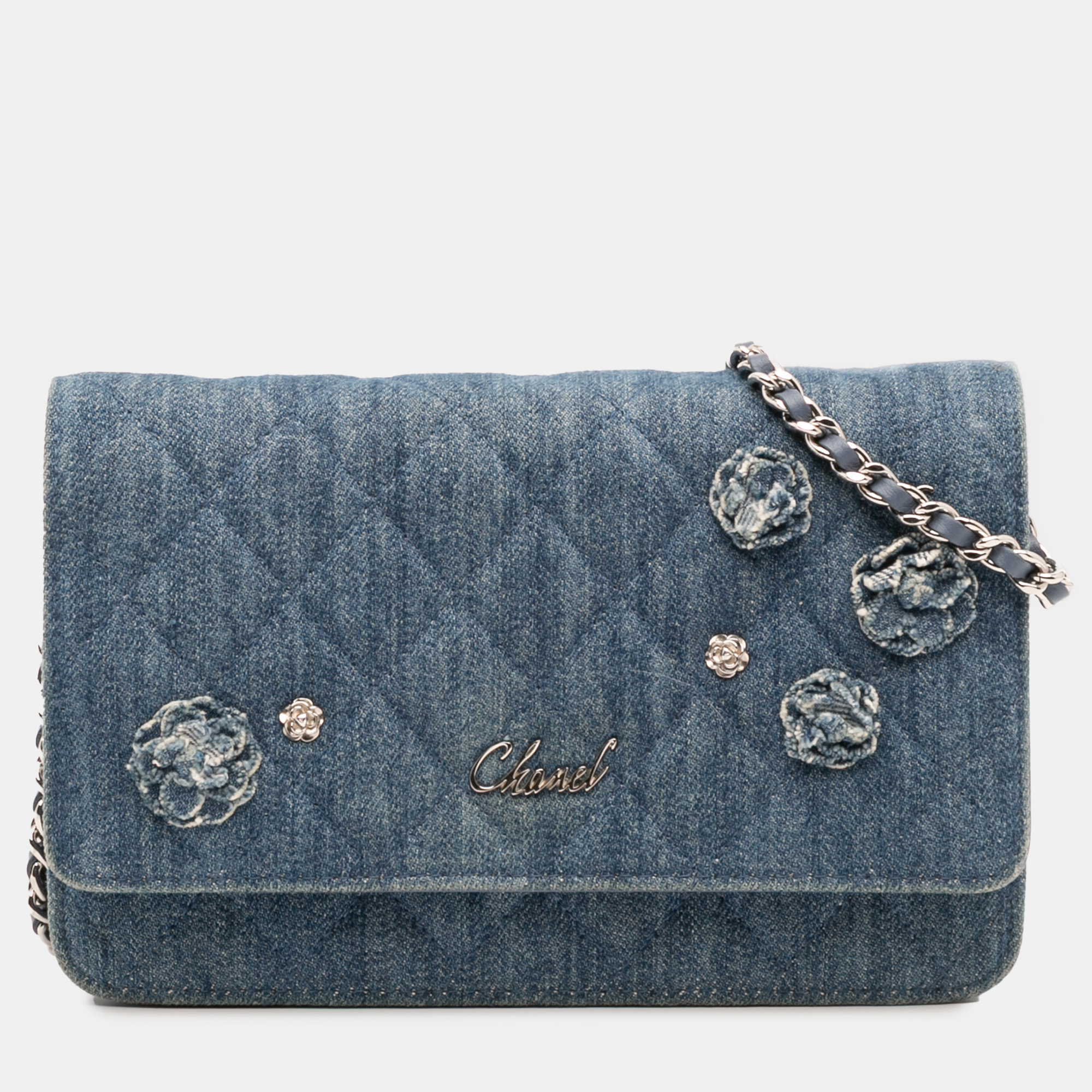 

Chanel Blue Quilted Denim Camellia Wallet On Chain Denim