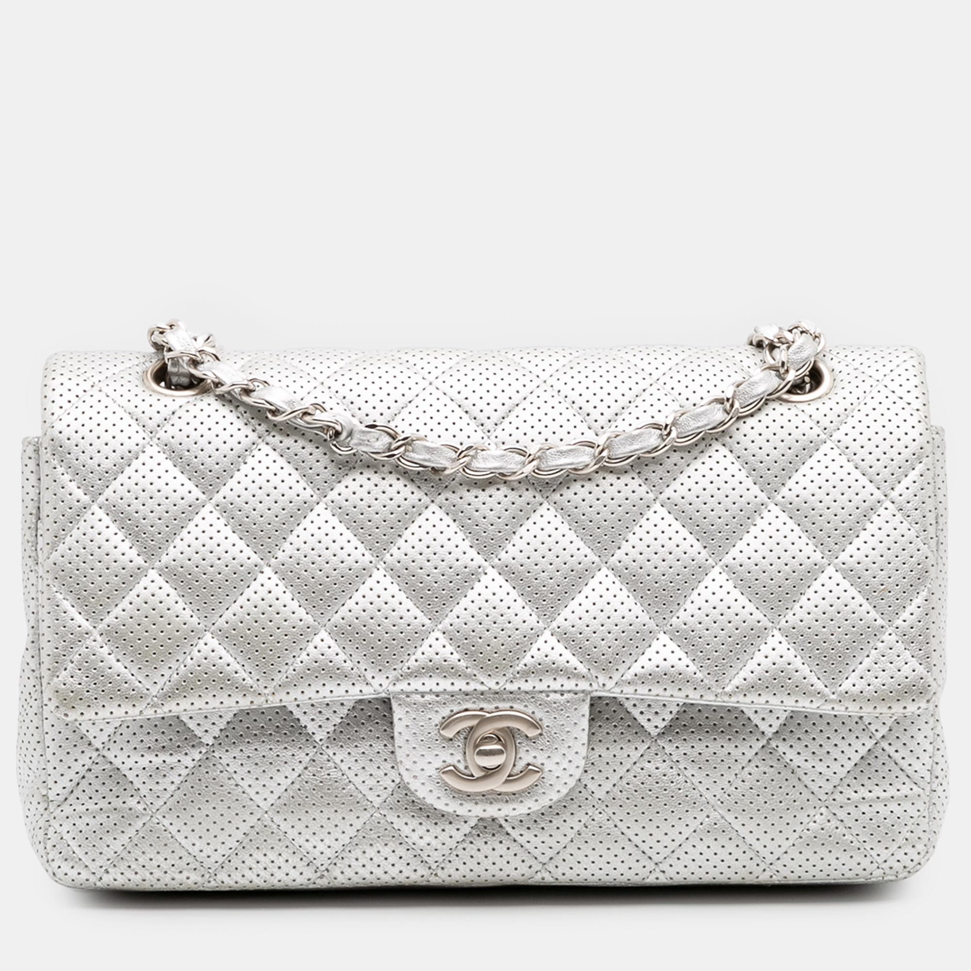 

Chanel Silver Medium Classic Perforated Lambskin Double Flap
