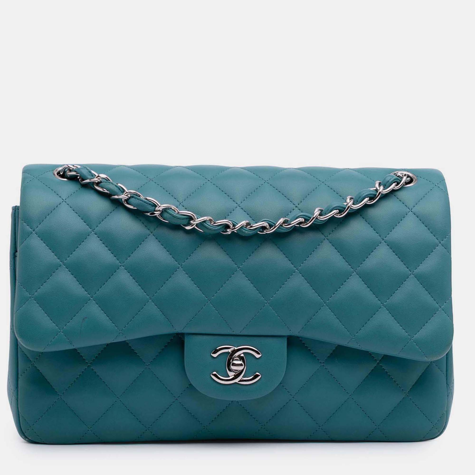 

Chanel Classic Double Flap Jumbo Blue Lambskin Shoulder Bag