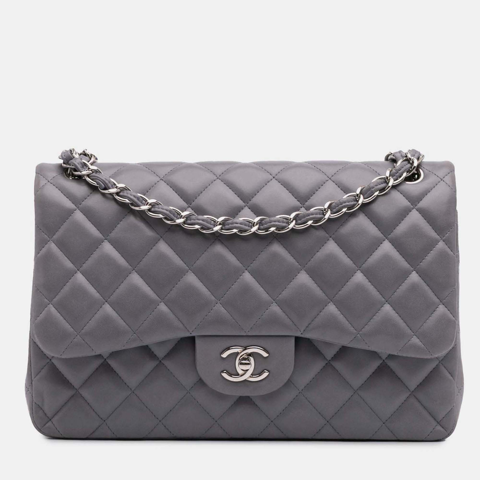 

Chanel Classic Double Flap Jumbo Lambskin Shoulder Bag, Grey