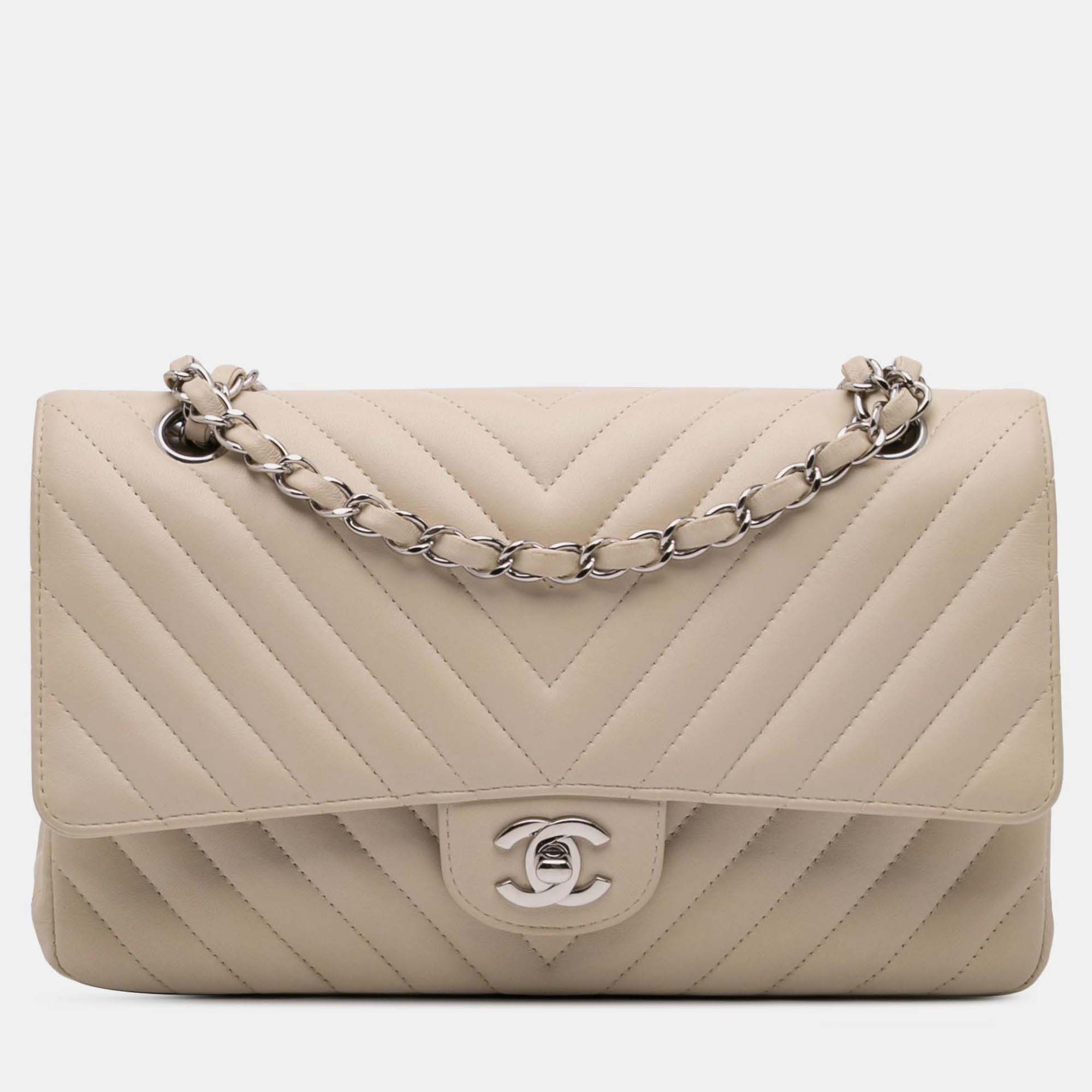 

Chanel Classic Double Flap Medium Chevron Lambskin Shoulder Bag, Beige