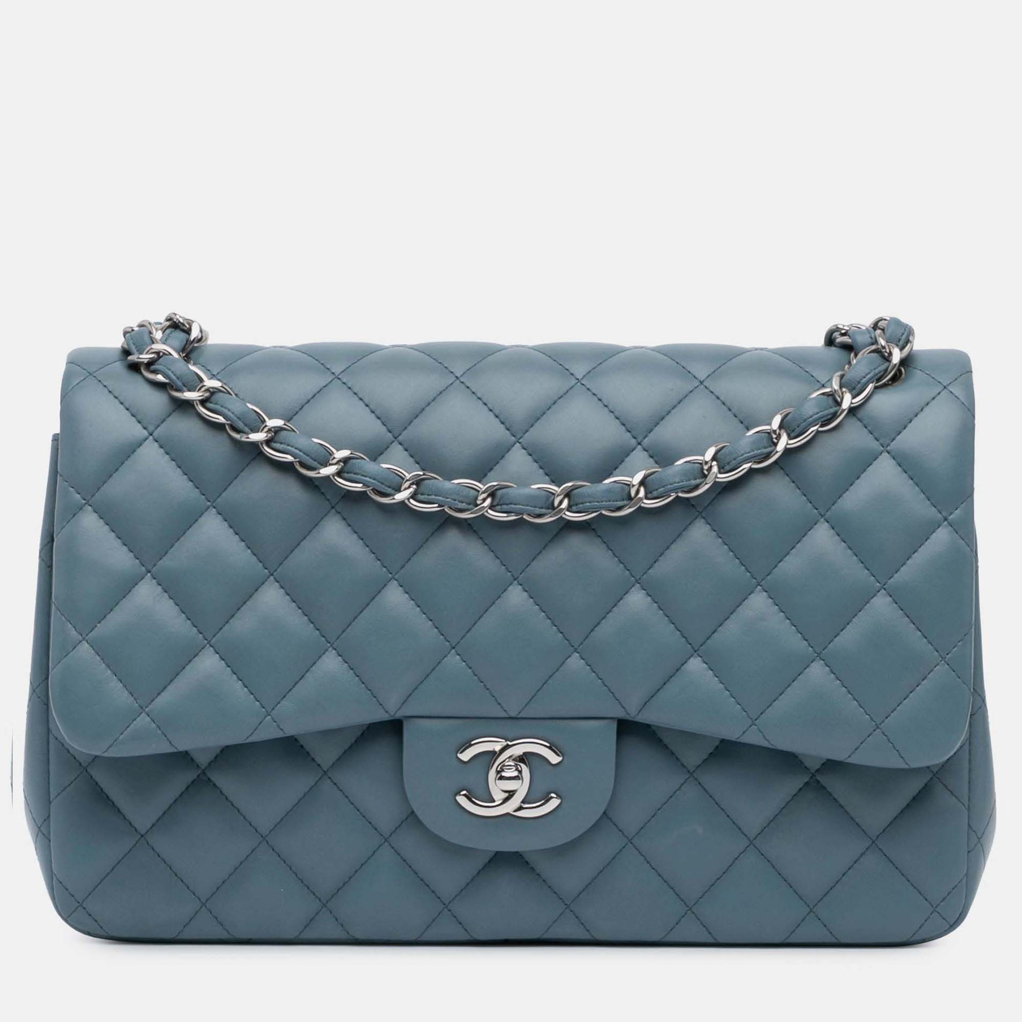 

Chanel Classic Double Flap Jumbo Blue Lambskin Shoulder Bag