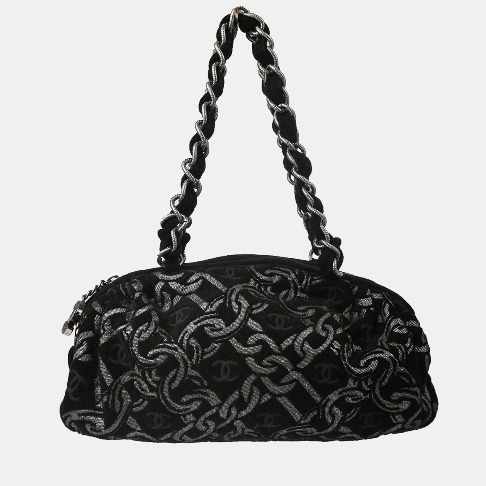 

Chanel CC Black Silver Cotton Jacquard Bowling Bag