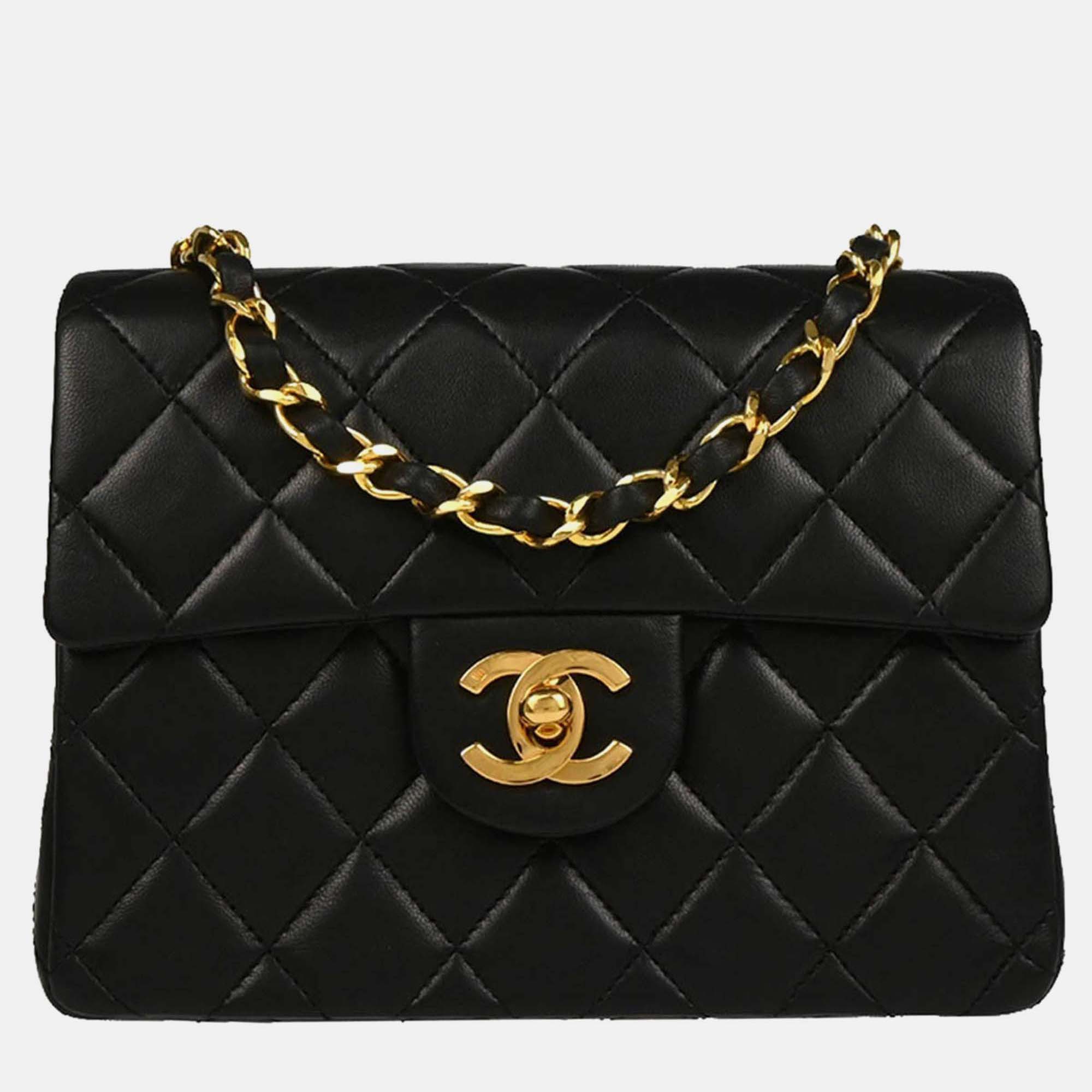 Pre-owned Chanel Black Lambskin Mini Classic Square Flap Shoulder Bag