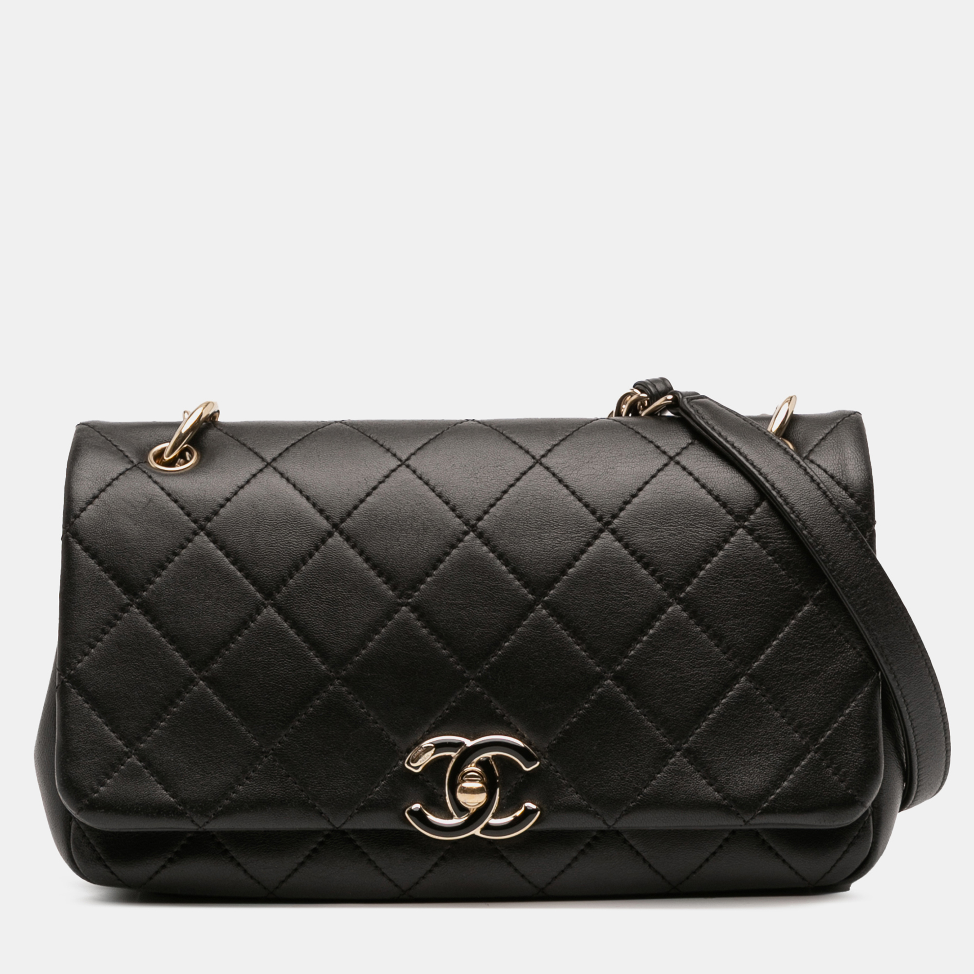 

Chanel Black Large Lambskin Twist Chain Enamel CC Flap
