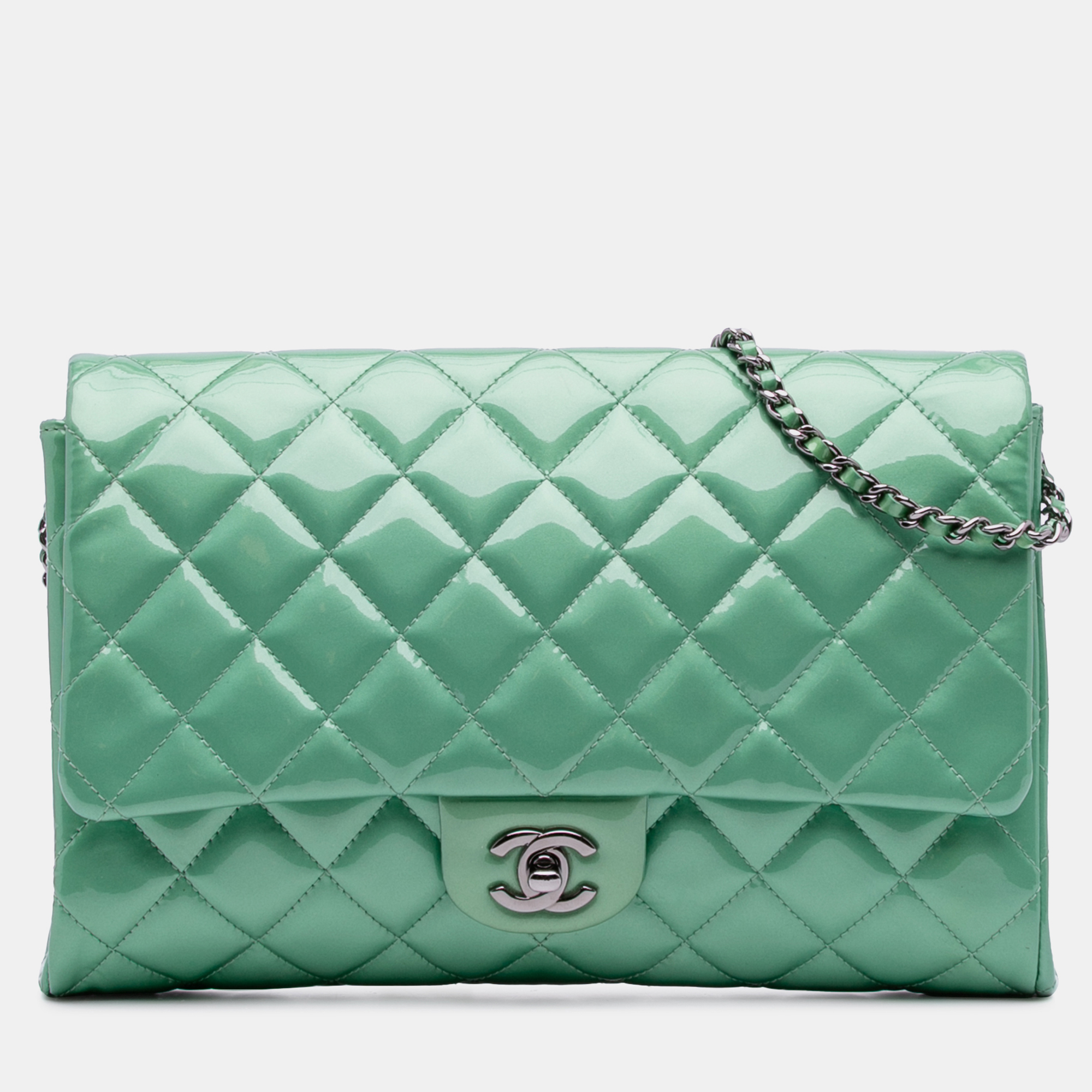 

Chanel Green Quilted Patent New Clutch on Chain