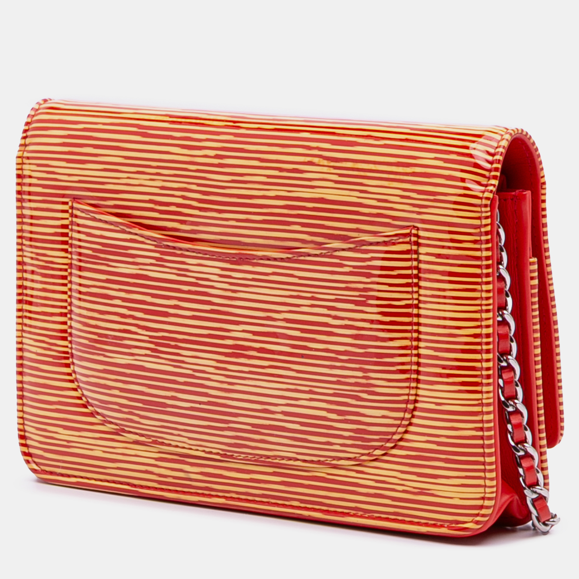 

Chanel Orange Red Patent Striped Wallet On Chain