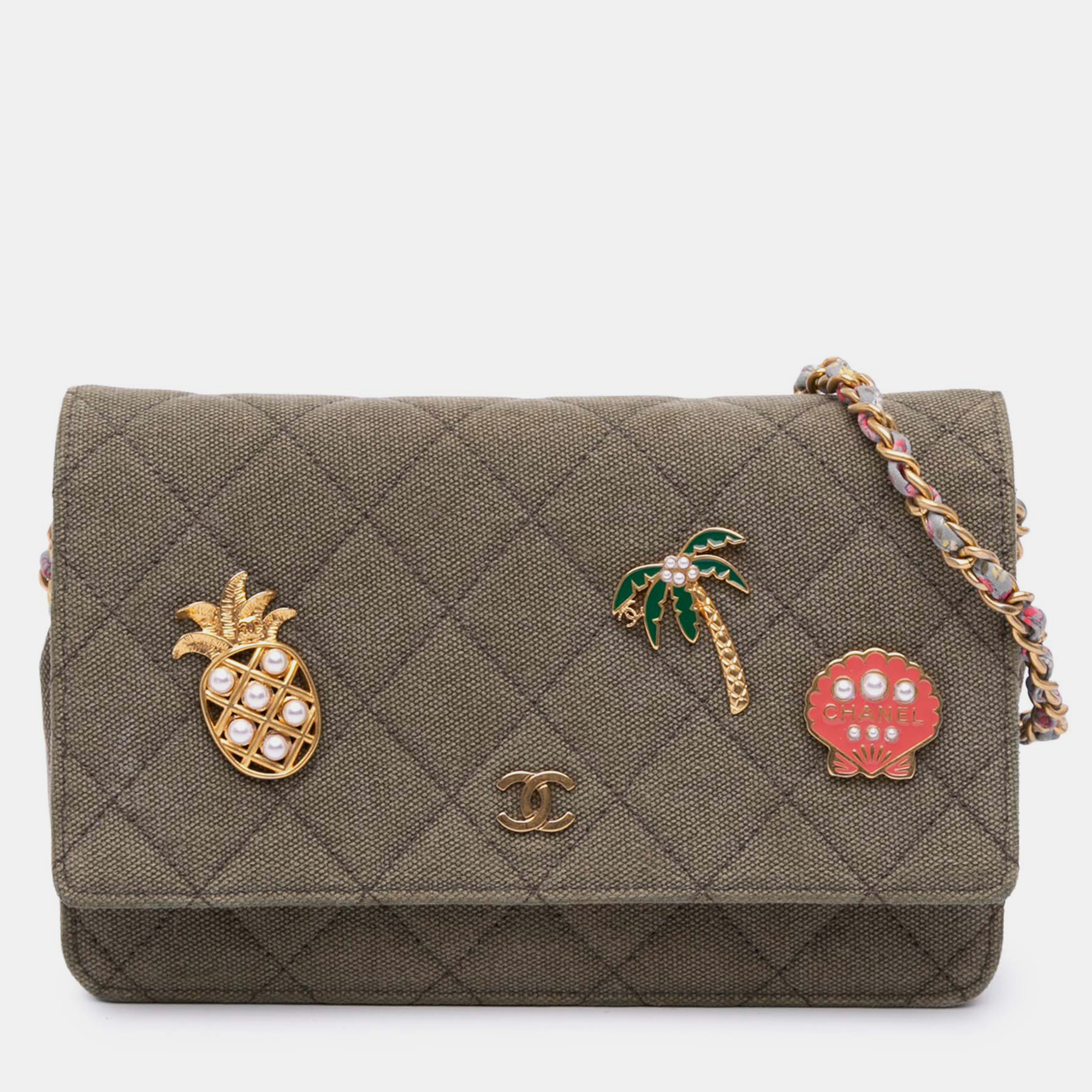 Pre-owned Chanel Brown Quilted Canvas Coco Cuba Charms Wallet On Chain