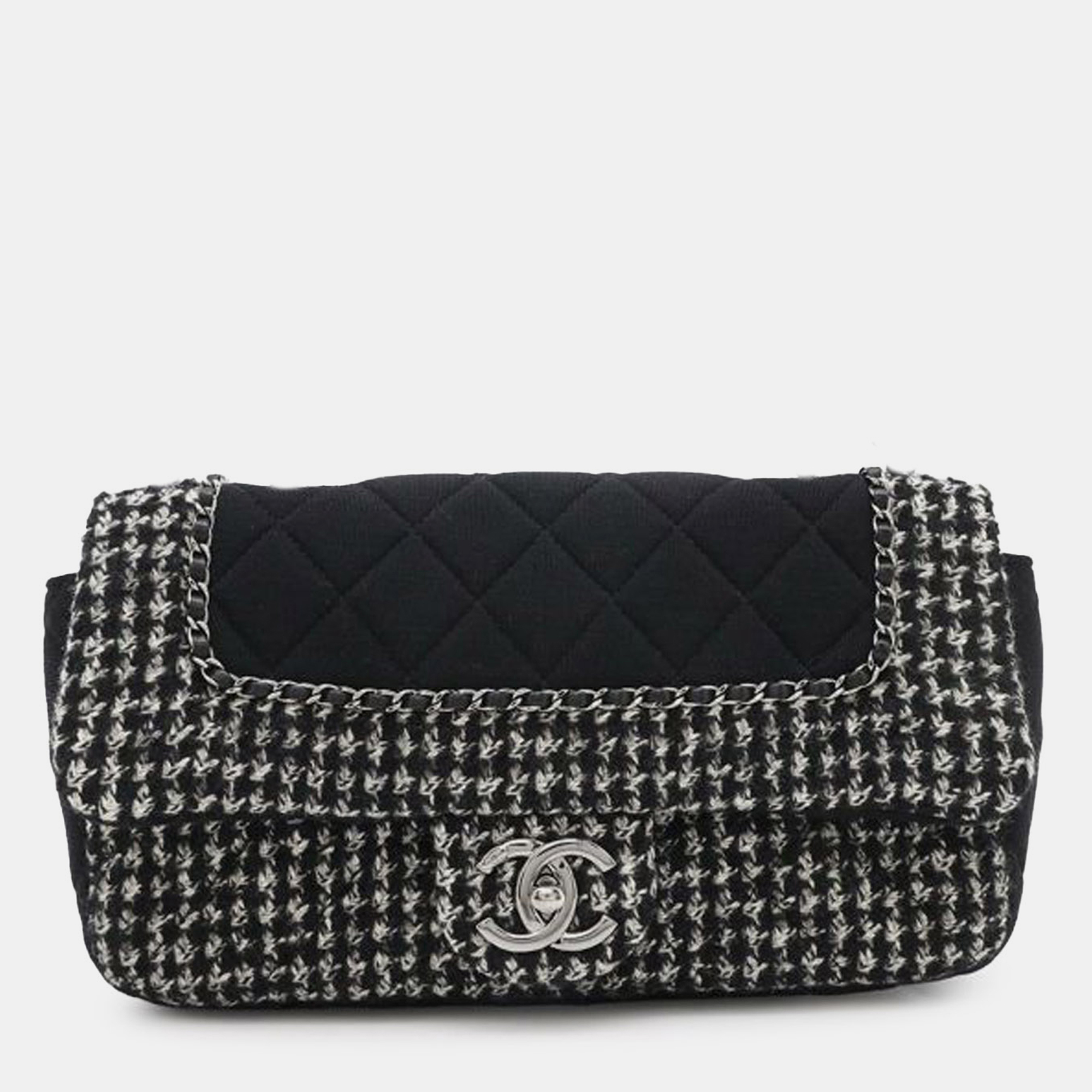 

Chanel Black White Medium Quilted Jersey and Tweed Chain Flap