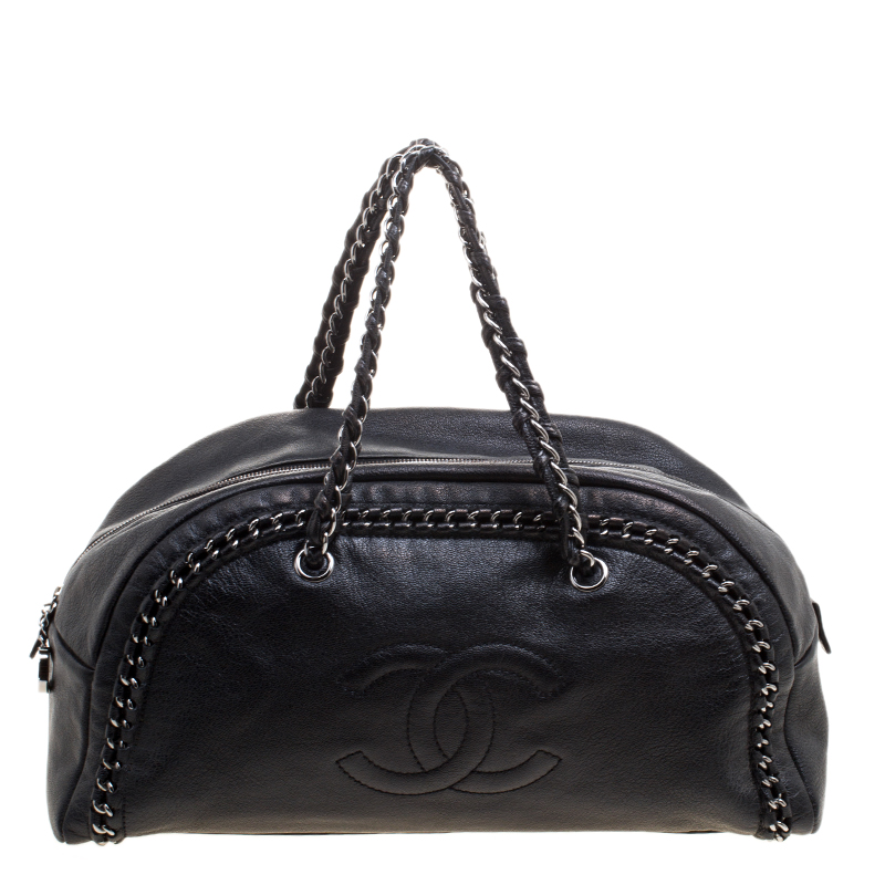 Pre Owned Chanel Black Leather Large Chain Trim Luxe Ligne Bowler Boston Bag