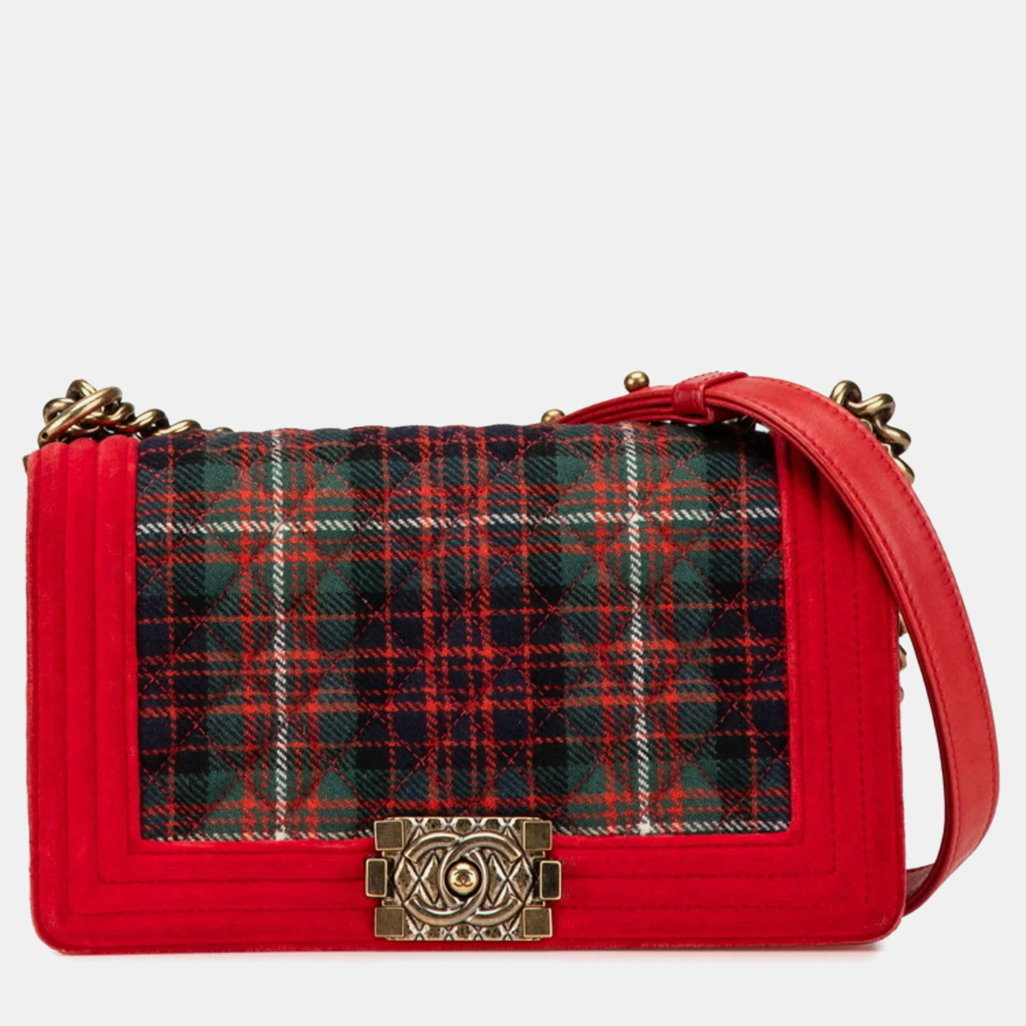 

Chanel Matelasse Boy Coco Mark Chain Shoulder Bag Red Green Velour Leather