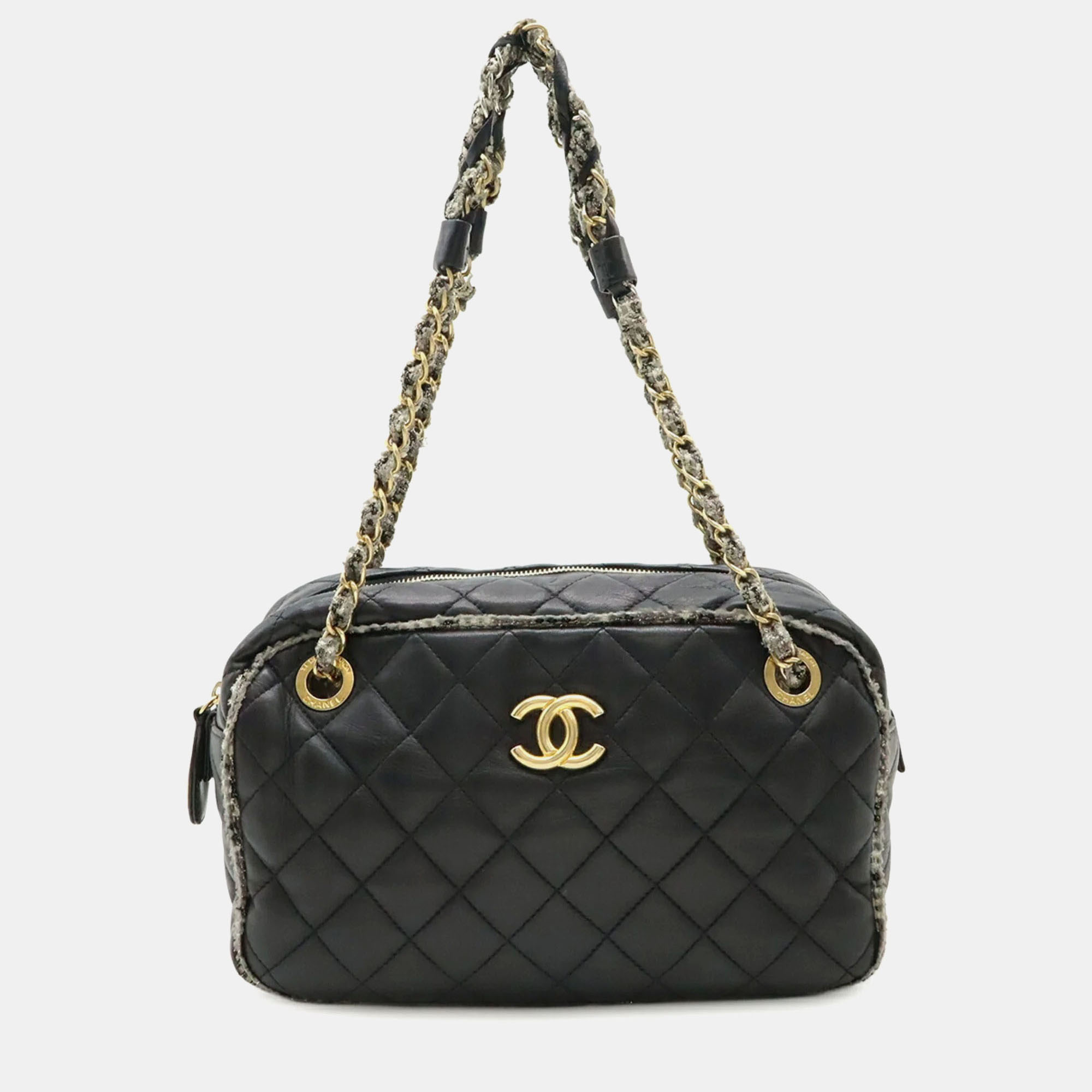 

Chanel Matelasse Coco Mark Black Lambskin and Tweed Shoulder Bag