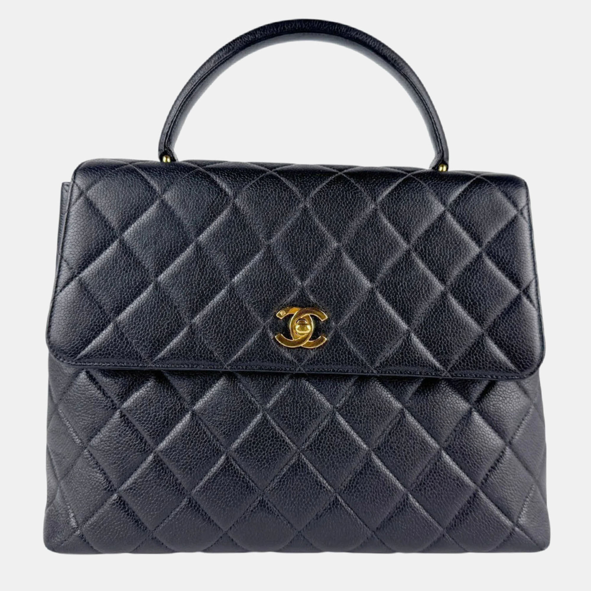 

Chanel Handbag Kelly Type Caviar Skin Leather Black Gold