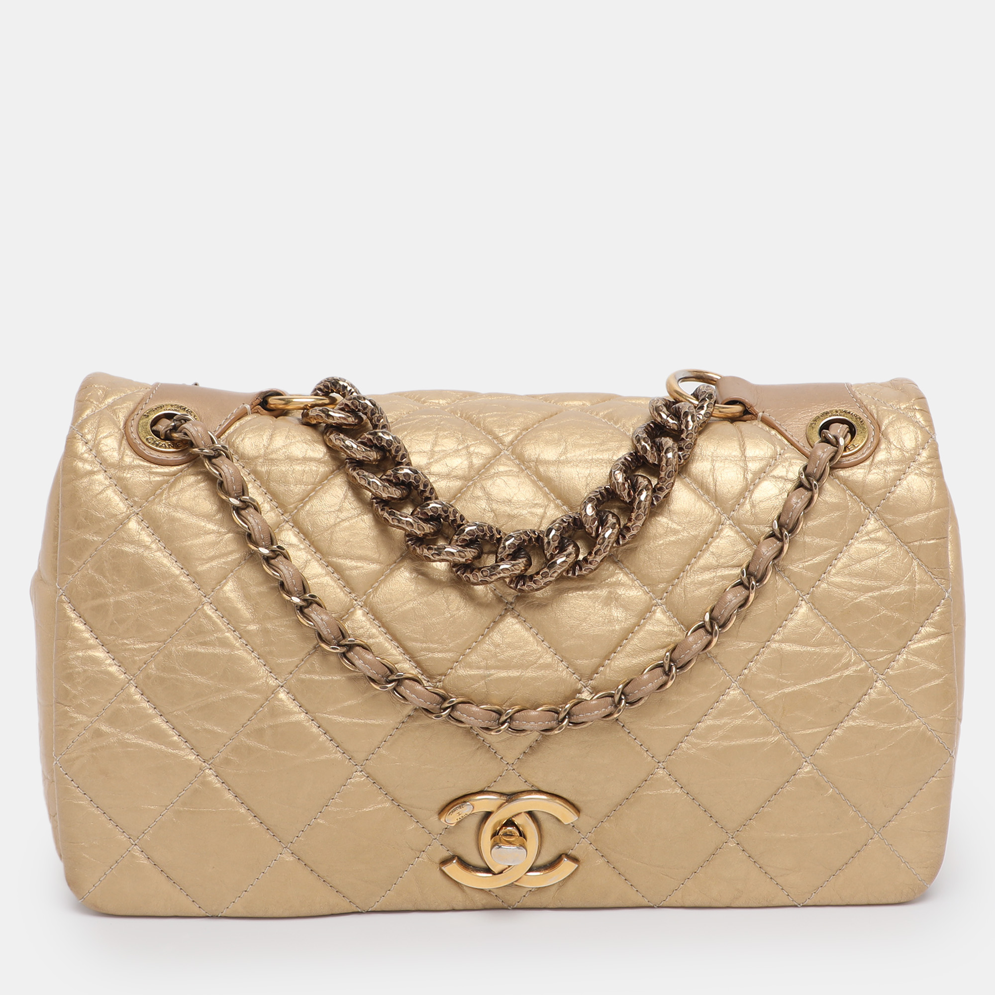 Pre-owned Chanel Gold Quilted Aged Calf Leather Paris-bombay Pondichery Flap Bag