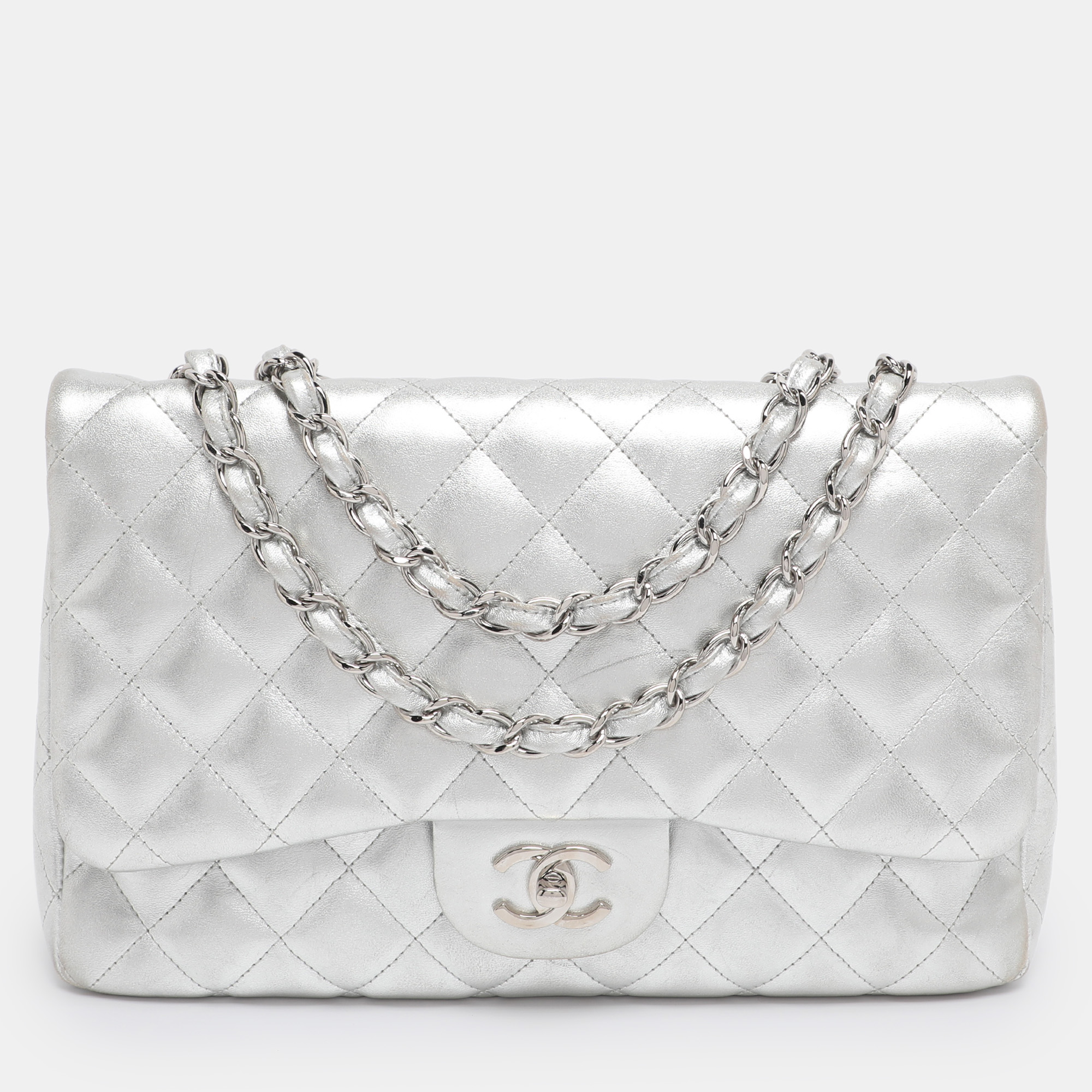 

Chanel Silver Quilted Leather Jumbo Classic Single Flap Bag