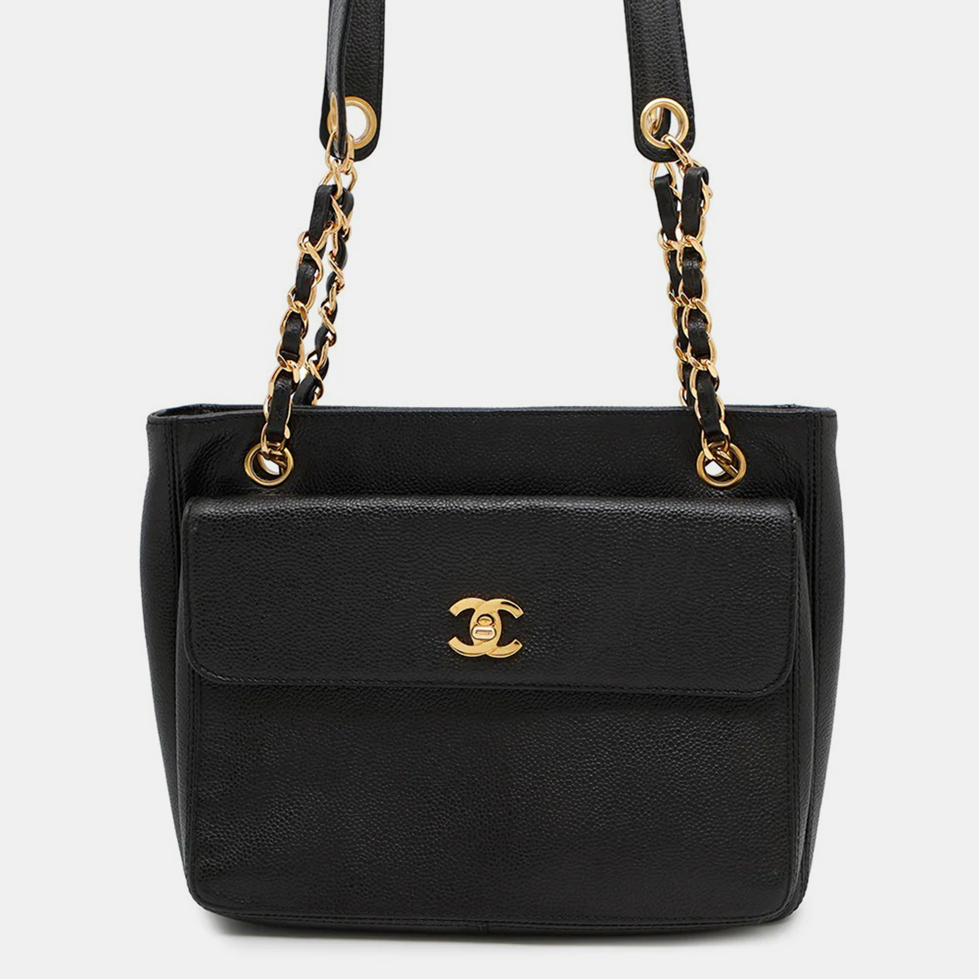 

Chanel CC Logo Black Caviar Leather Chain Tote Bag