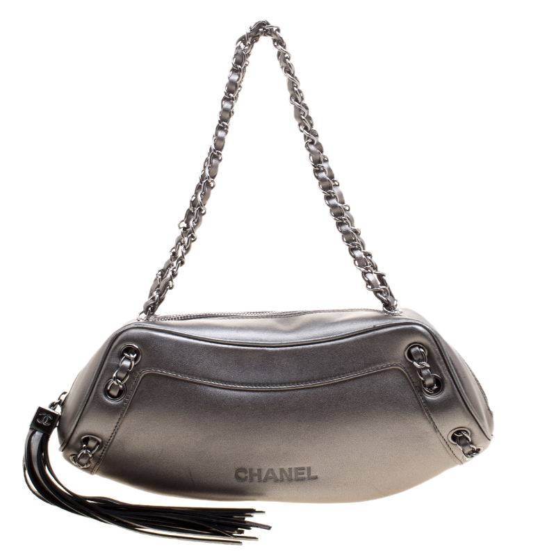 Chanel Metallic Grey Leather Tassel Evening Bag Chanel