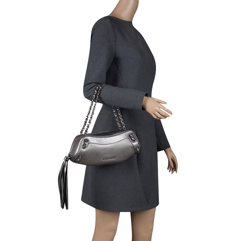 

Chanel Metallic Grey Leather Tassel Evening Bag