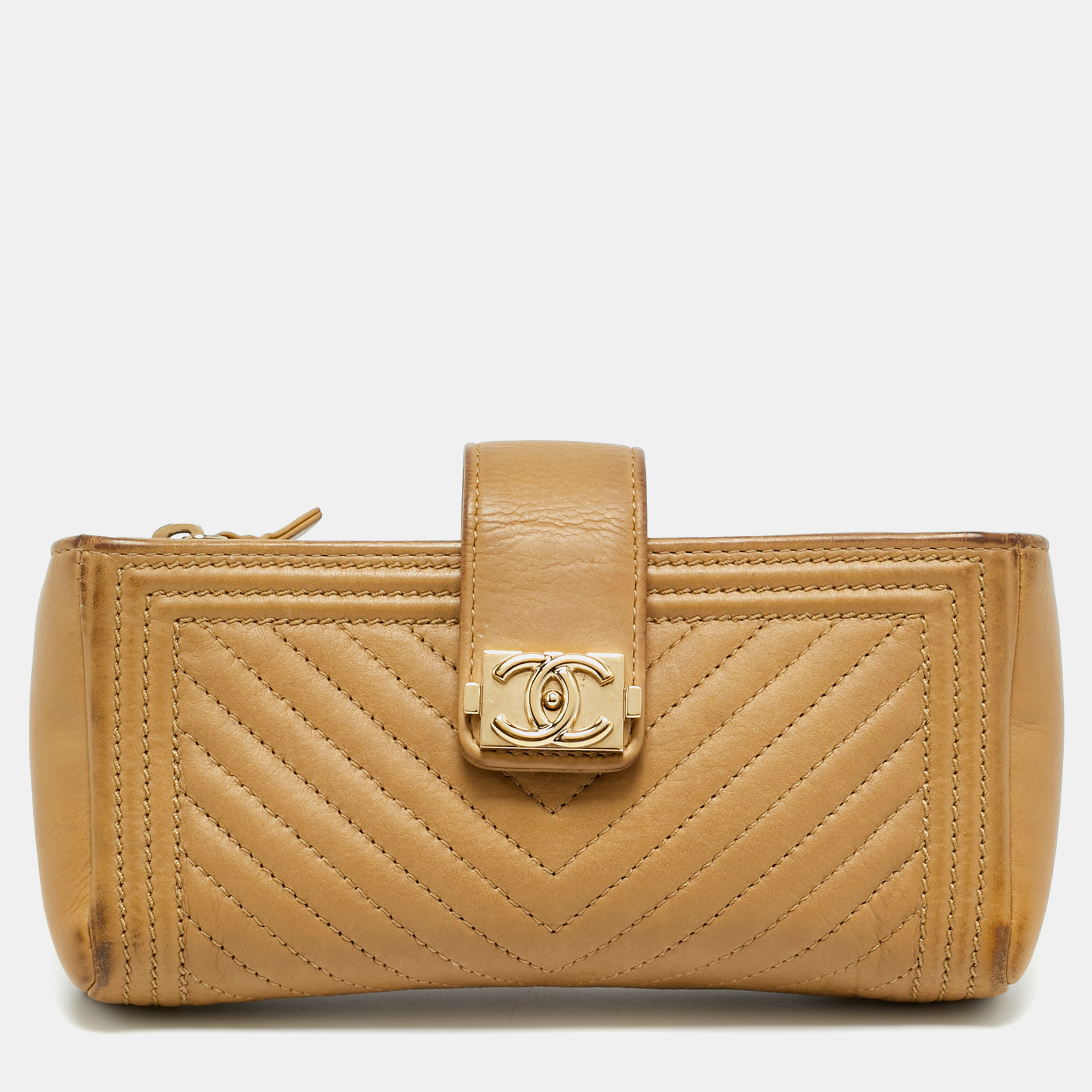 

Chanel Beige Chevron Leather Boy Phone Holder Pouch