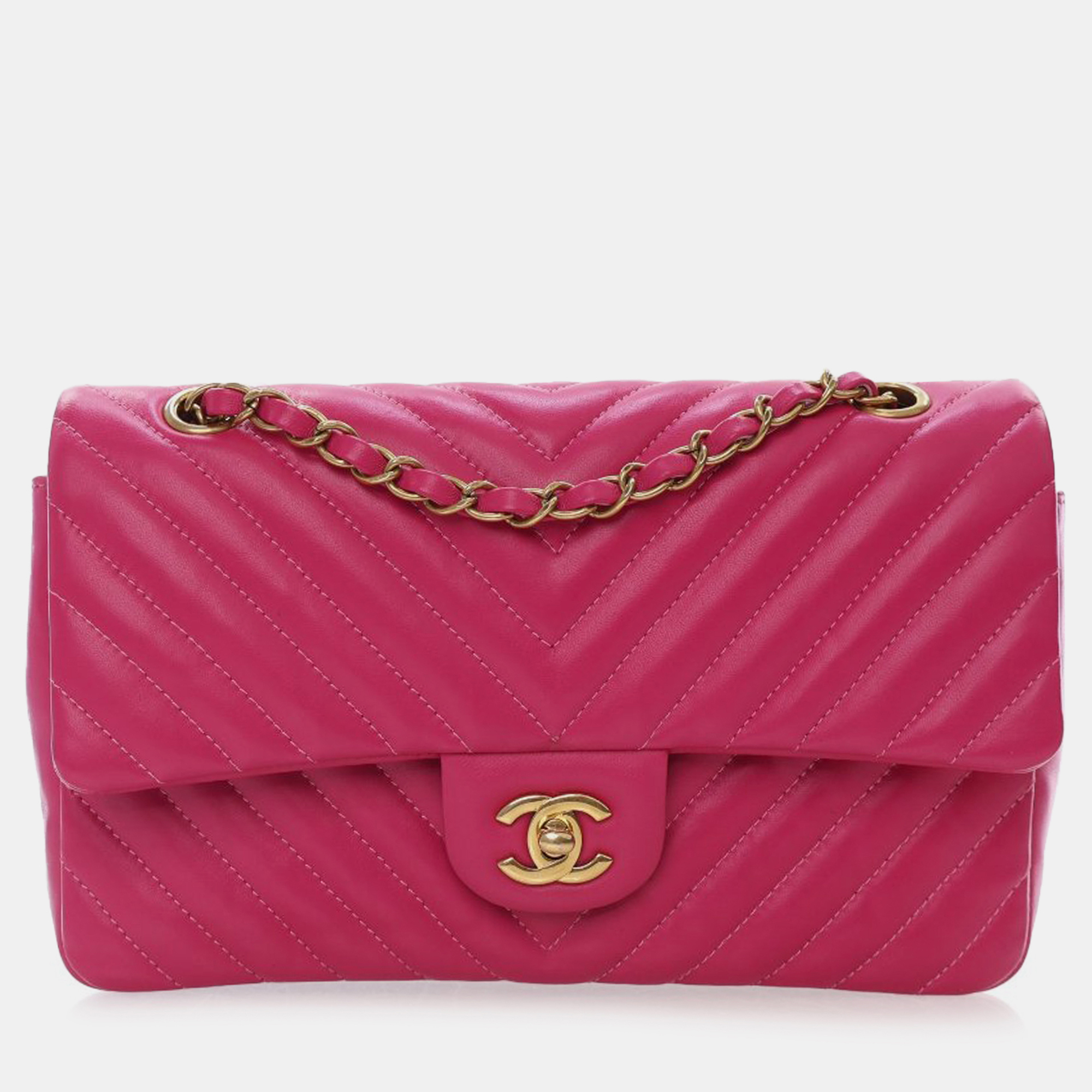 

Chanel Pink Medium Classic Chevron Lambskin Double Flap