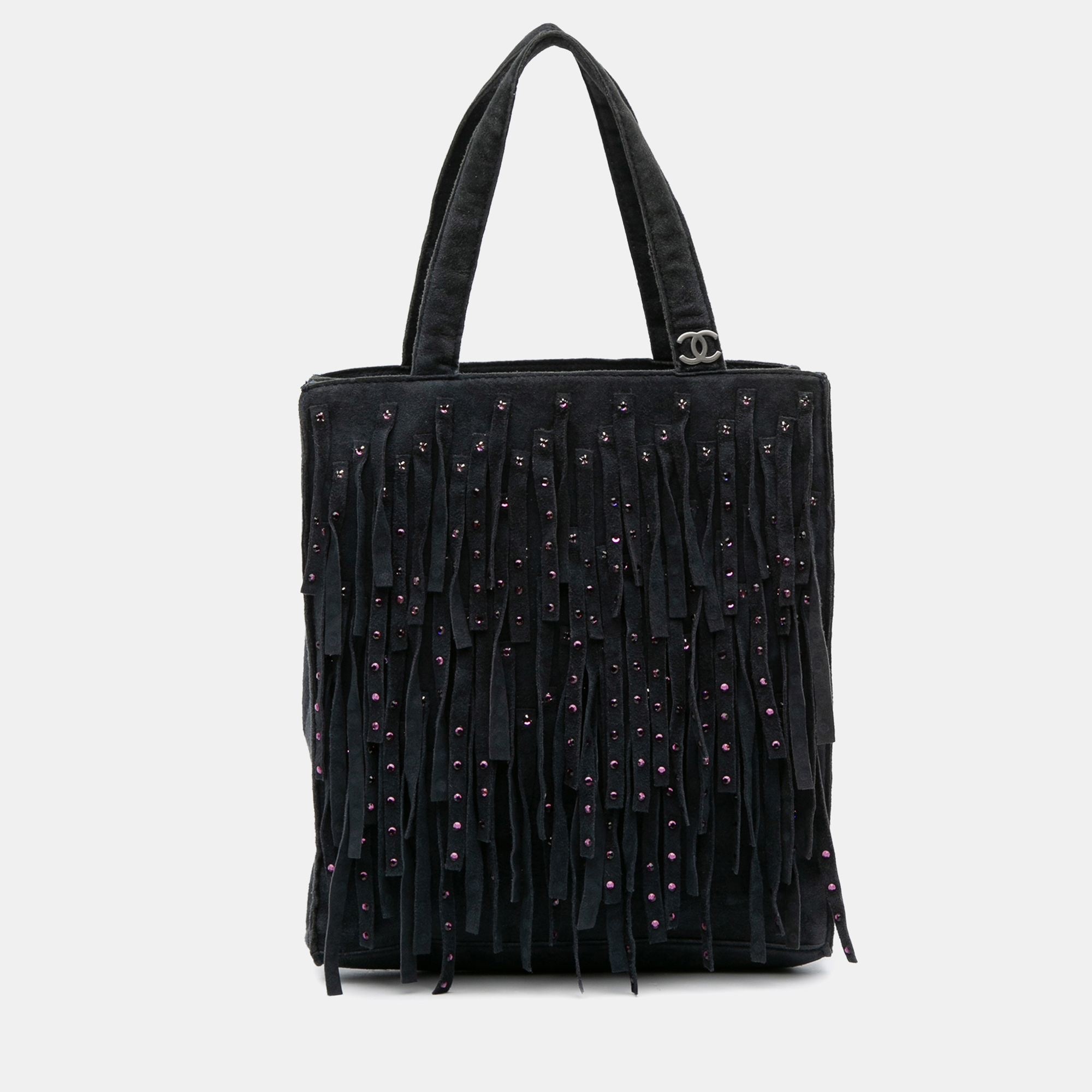 Pre-owned Chanel Black Mini Suede Studded Fringe Tote