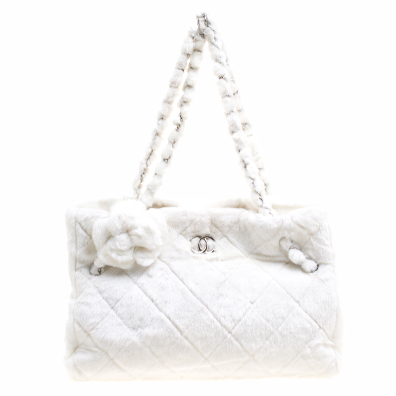 Chanel White Quilted Fantasy Fur Camellia Tote