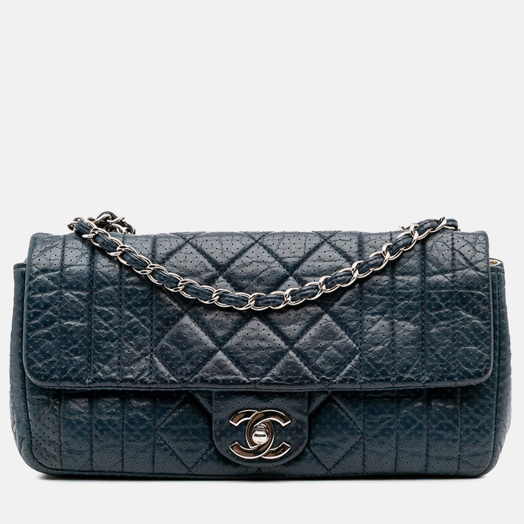 

Chanel Navy Blue CC Quilted Perforated Aged Calfskin Flap