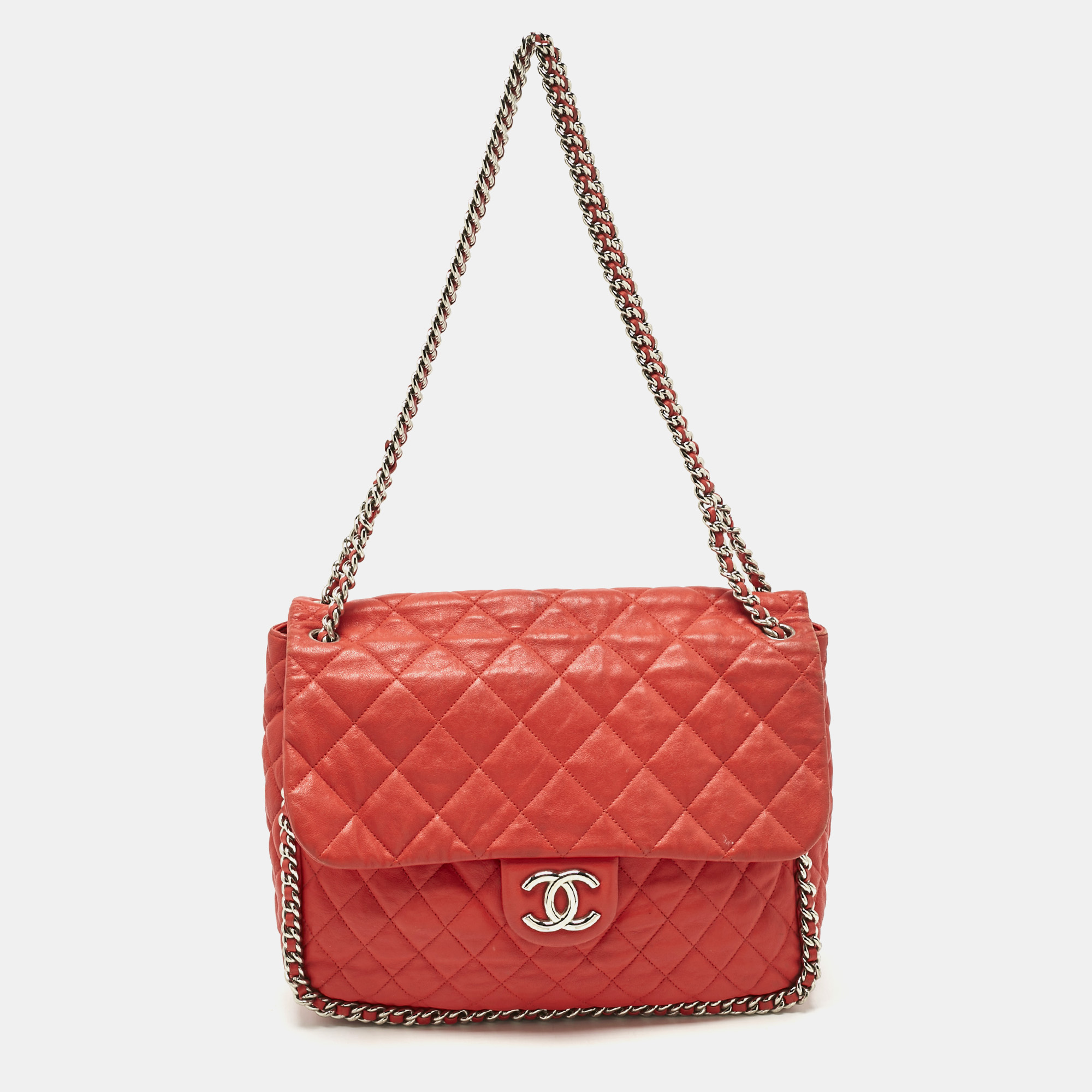 

Chanel Red Quilted Leather Chain Around Flap Bag