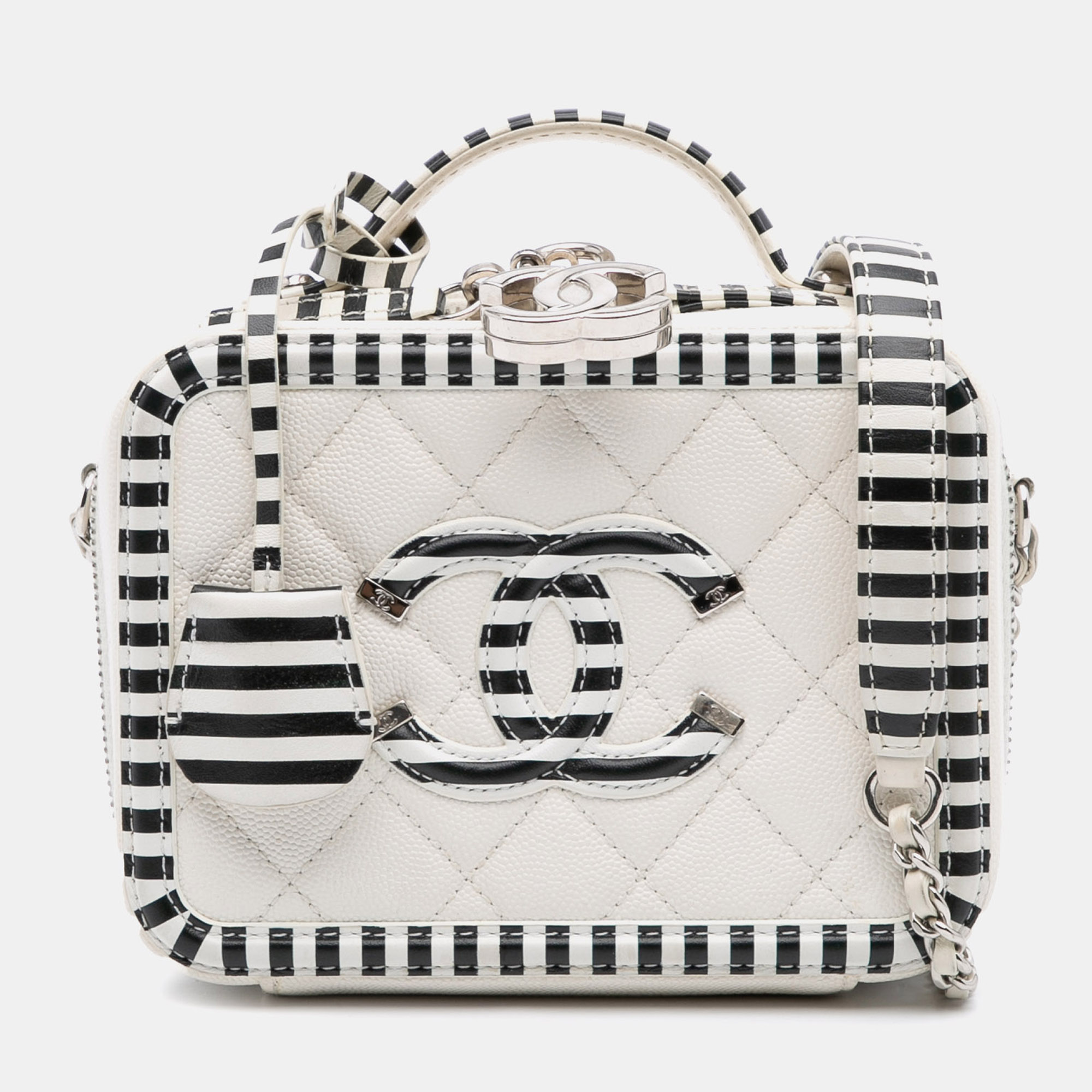 

Chanel White Small Caviar Striped CC Filigree Vanity Case