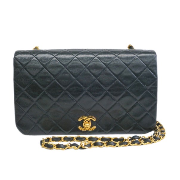 Pre Owned Chanel Black Lambskin Single Flap Shoulder Bag