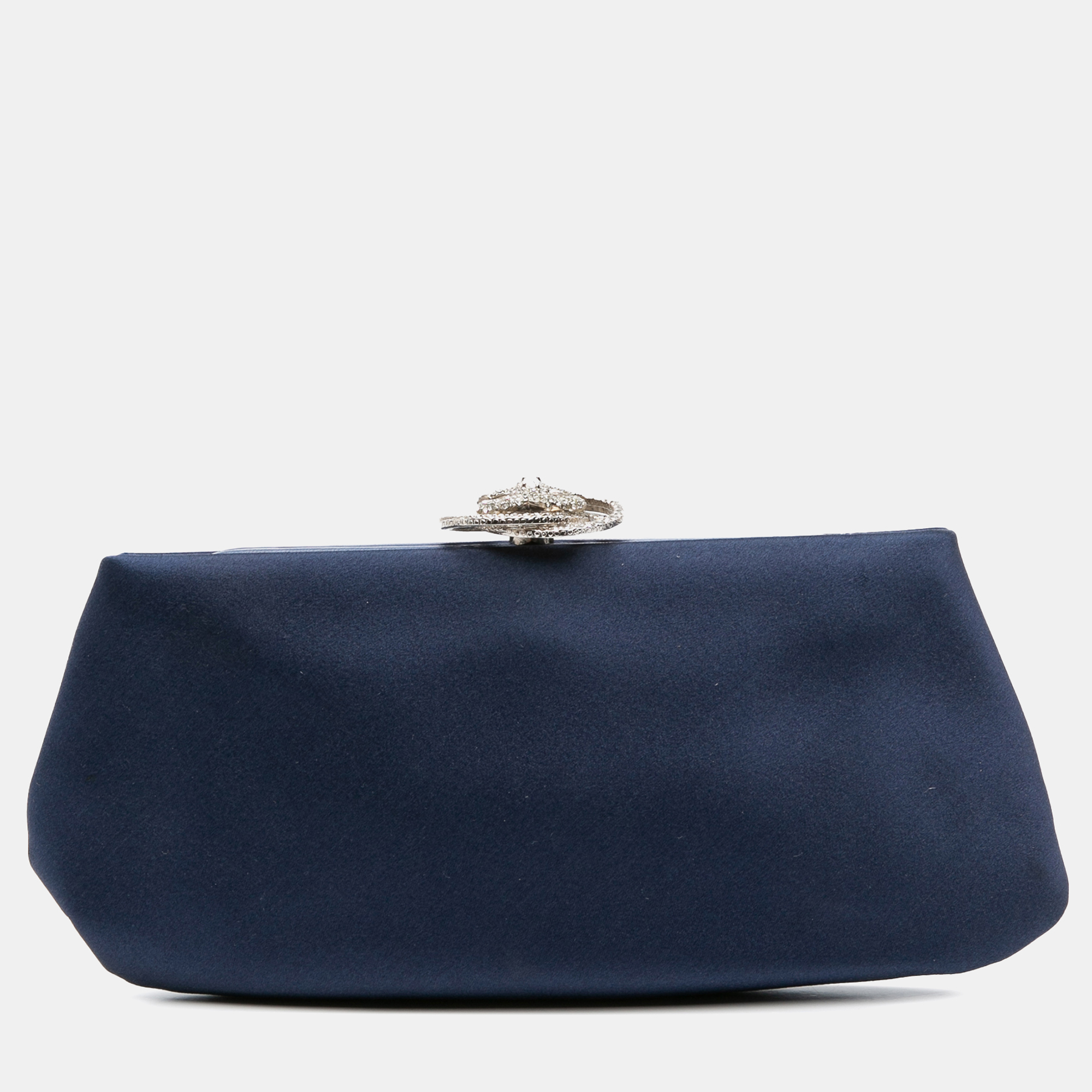 

Chanel Navy Blue Satin Crystal Camellia Evening Frame Clutch