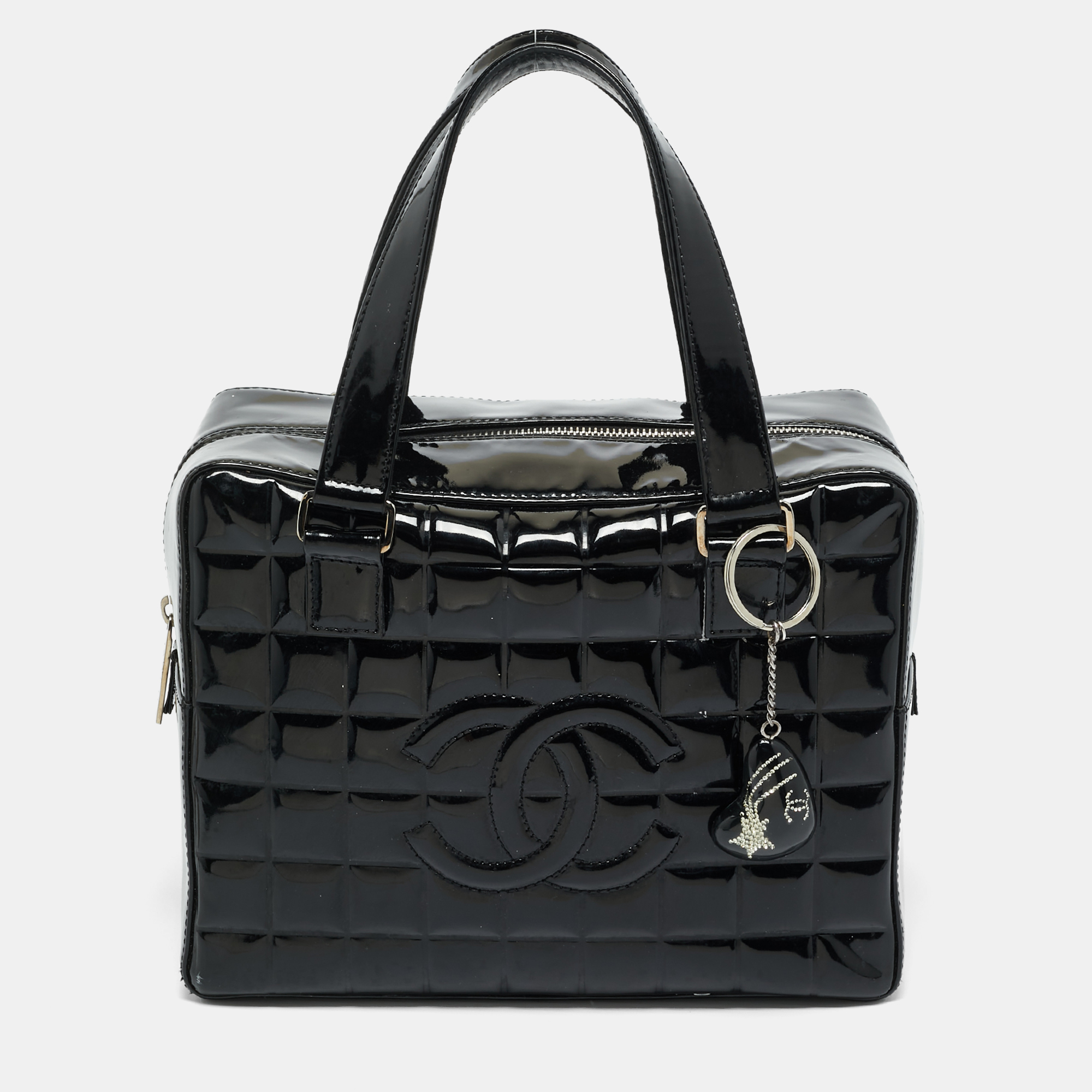

Chanel Black Chocolate Bar Patent Leather Square Bowler Bag