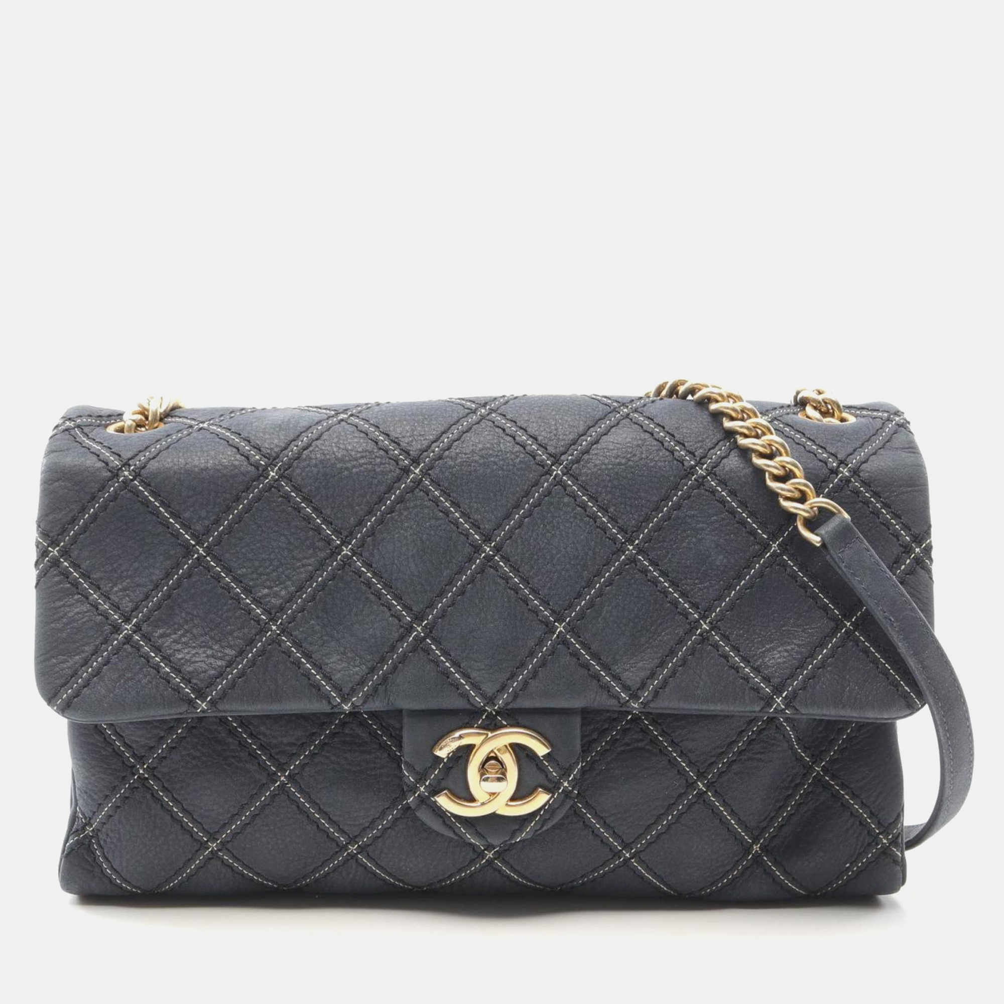 

Chanel Metallic Stitch Navy Calfskin Leather Flap Bag, Navy blue