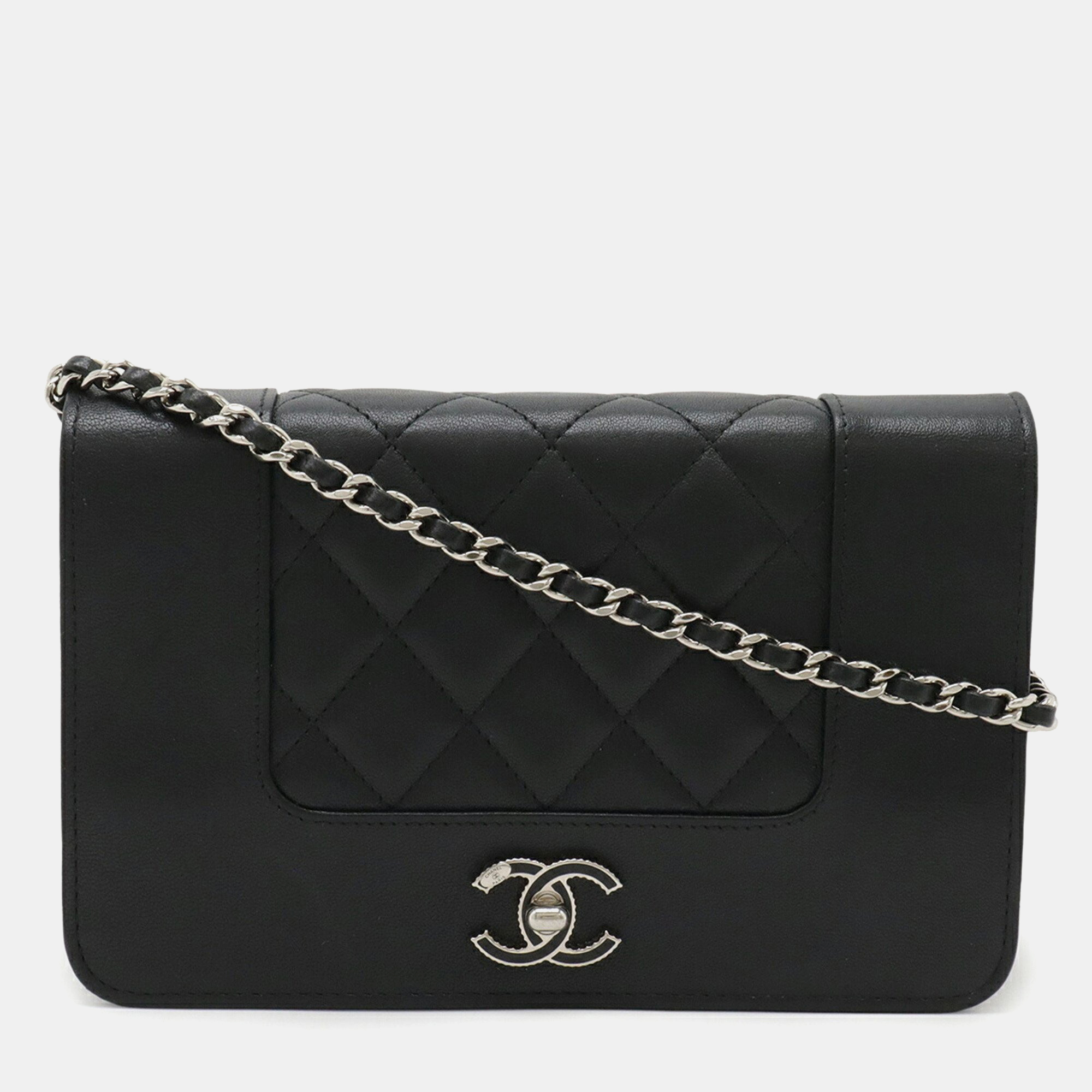 

Chanel Mademoiselle Matelasse Chain Wallet Shoulder Bag Pochette Leather Black