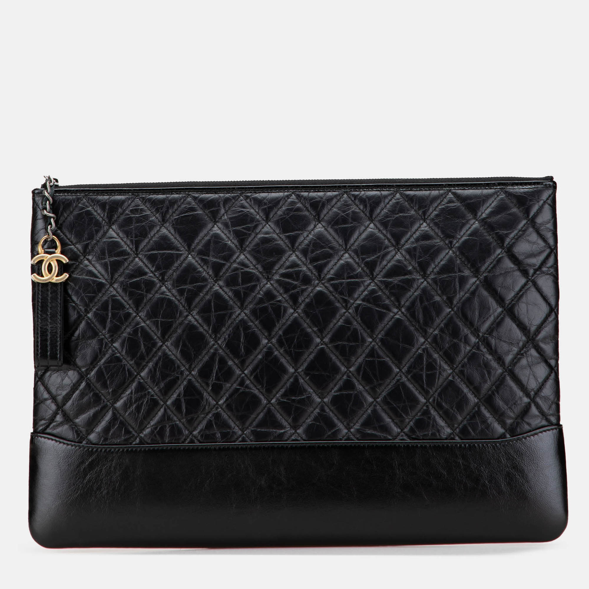 Pre-owned Chanel Large Aged Calfskin Gabrielle O Case Clutch In Black