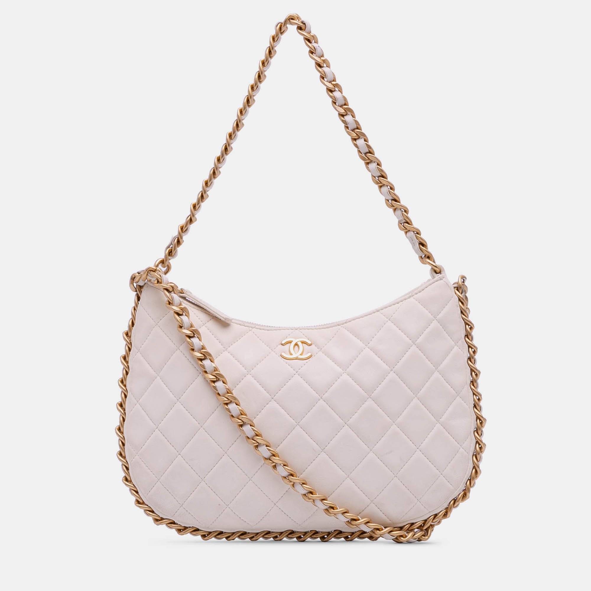 

Chanel White Large Shiny Crumpled Quilted Lambskin Trendy Chain Around Hobo