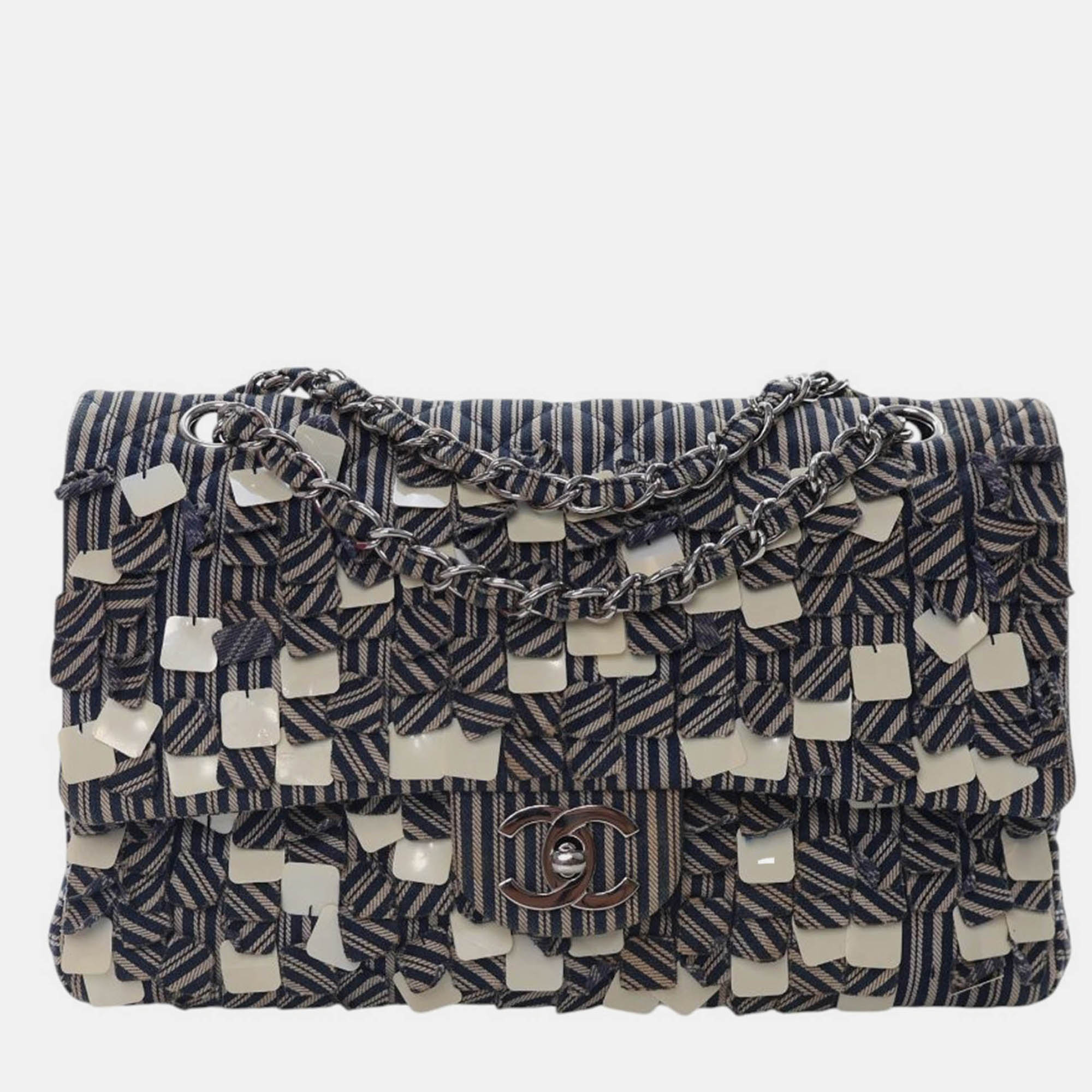 Pre-owned Chanel Blue Medium Classic Canvas Sequin Stripes Double Flap