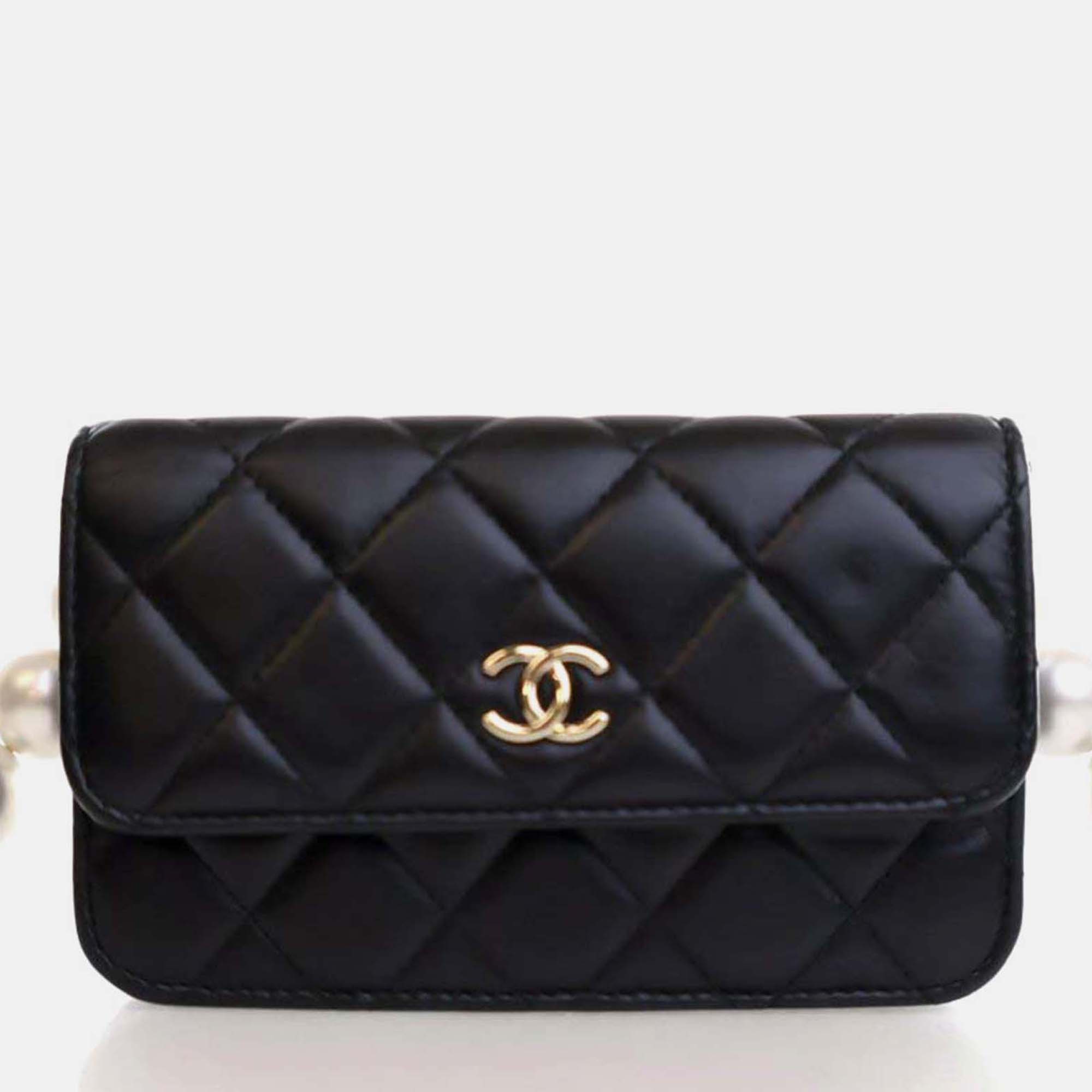 Pre-owned Chanel Mini Lambskin Maxi Pearls Clutch On Chain In Black