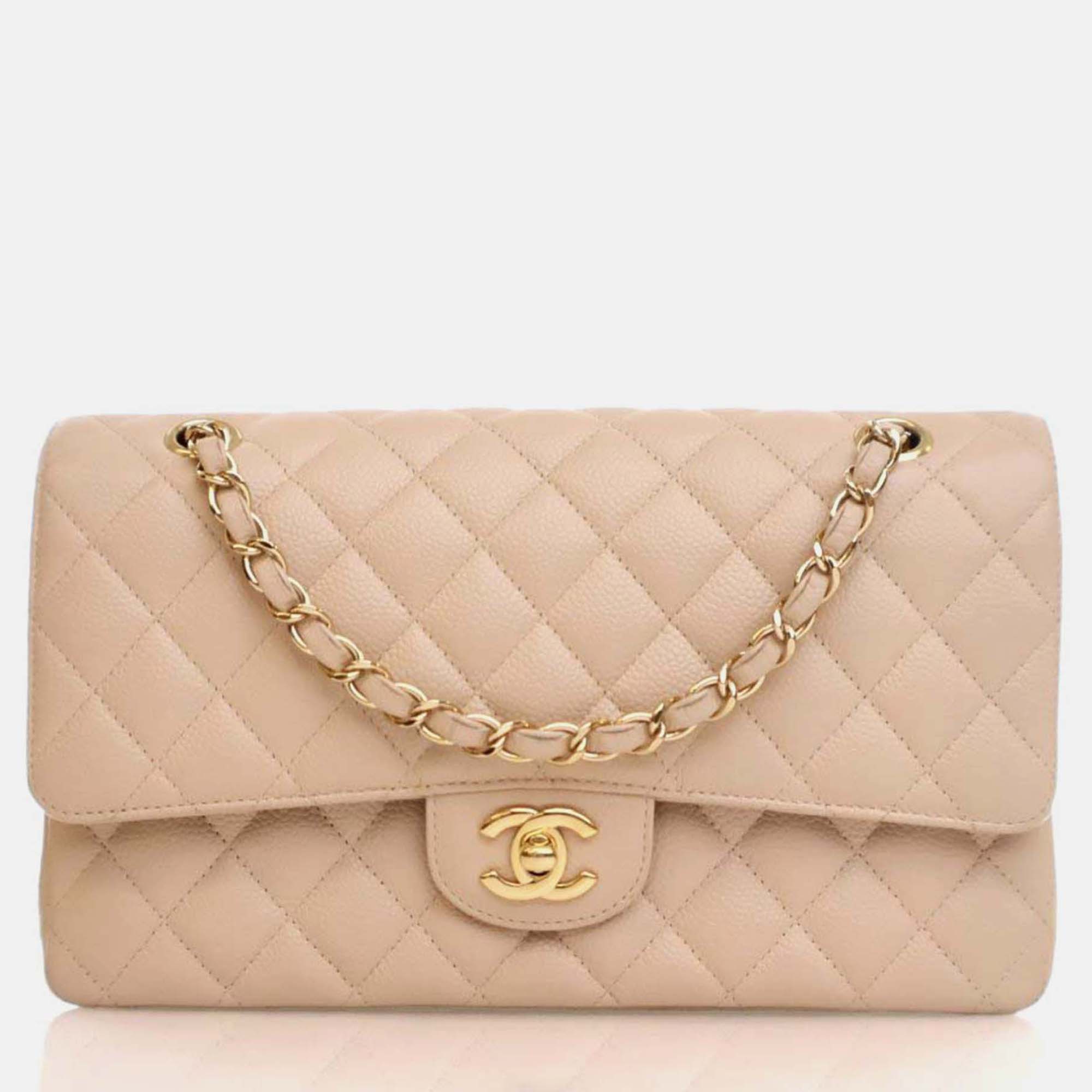Pre-owned Chanel Medium Cream Caviar Classic Double Flap Bag In White