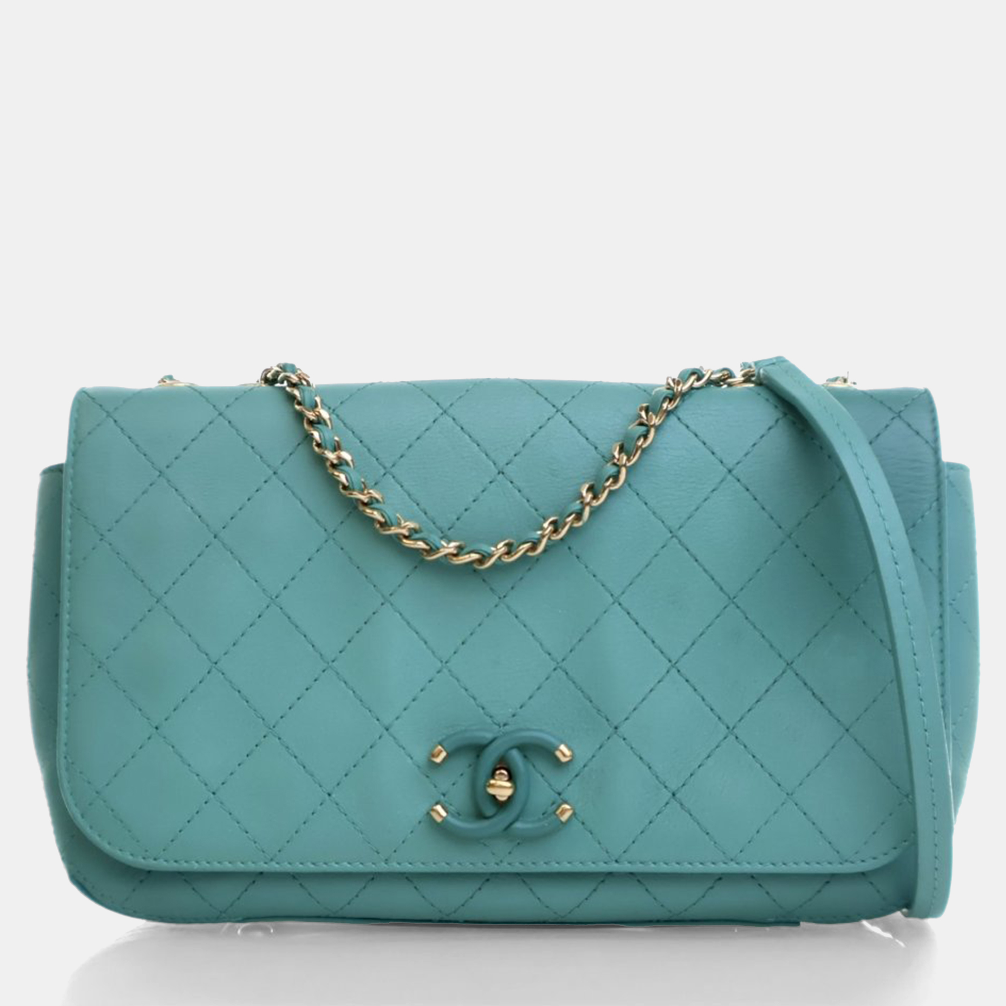 

Chanel Medium Green Calfskin Stitched Covered CC Flap Bag, Blue