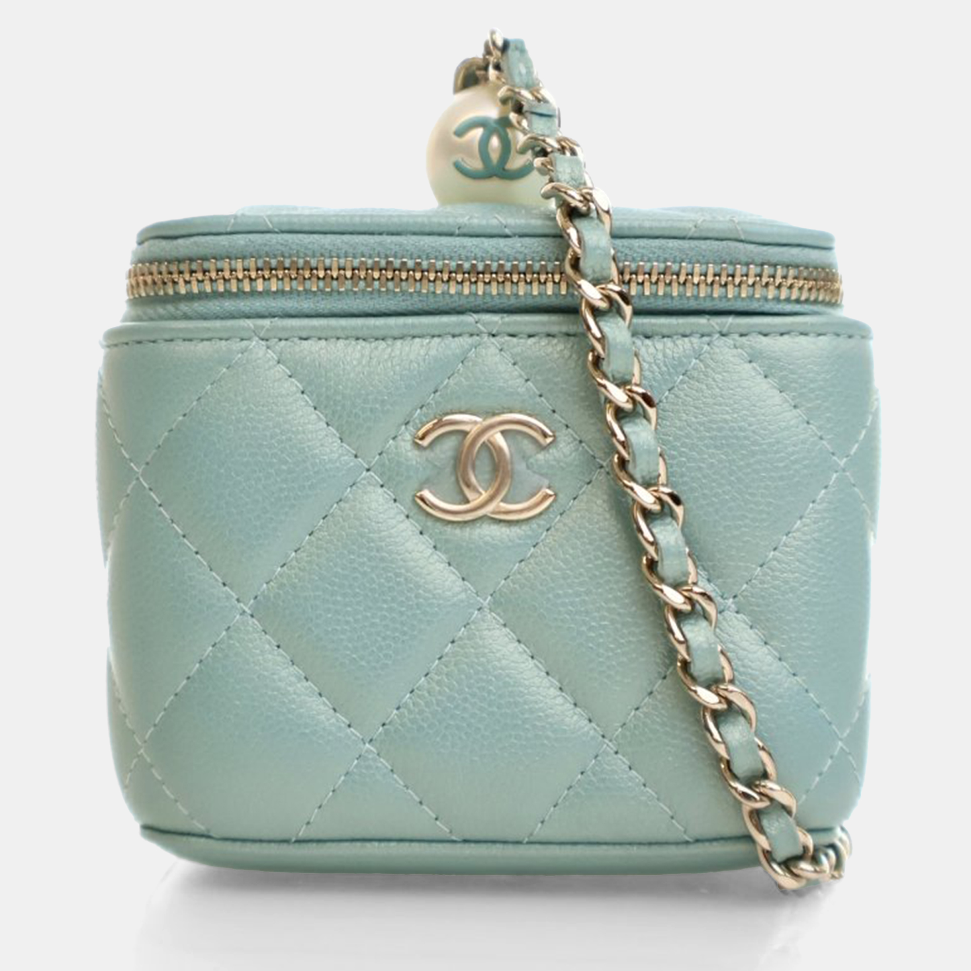 Pre-owned Chanel Mini Green Caviar Pearl On Top Vanity Case