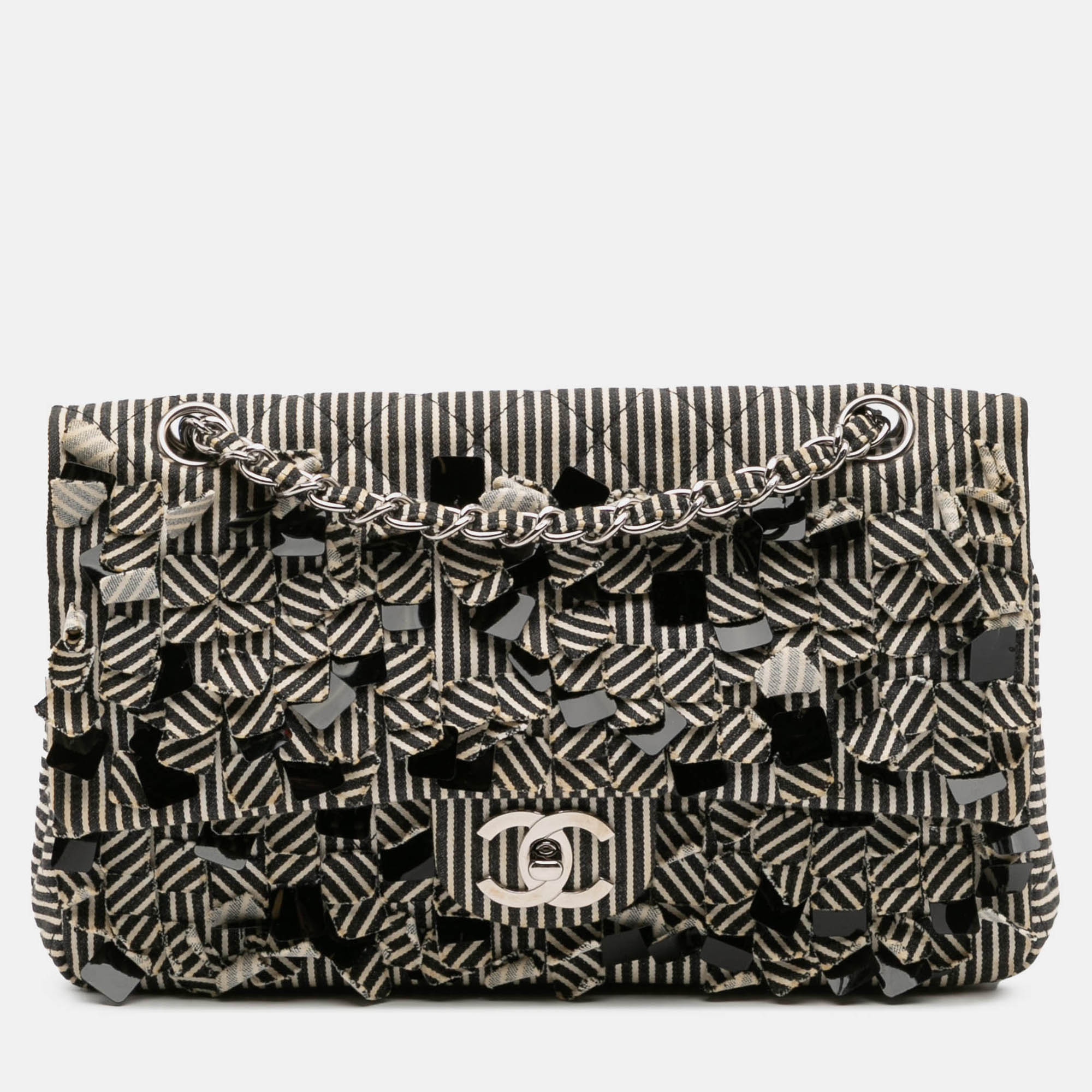

Chanel Black/White Medium Classic Canvas Sequin Stripes Double Flap
