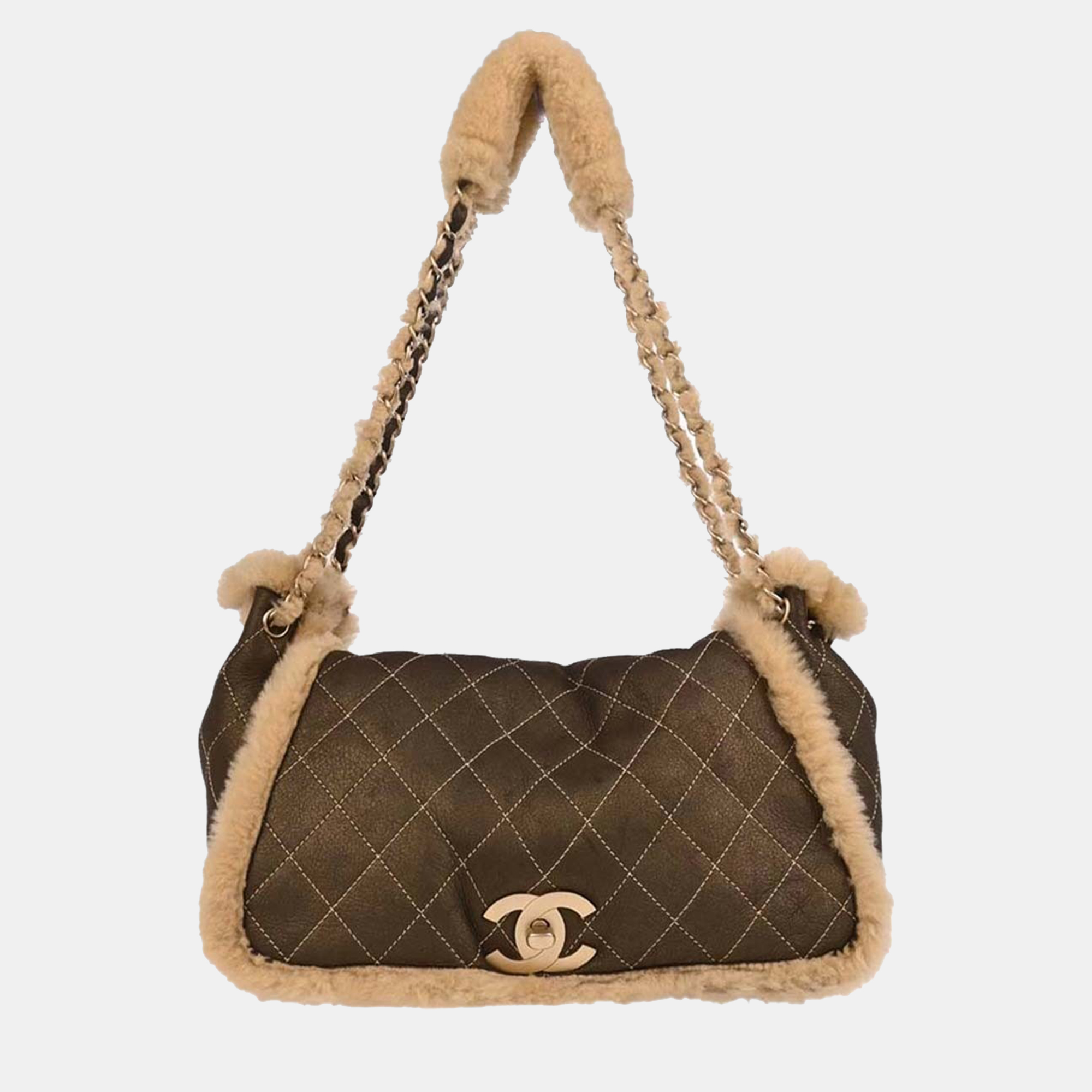 

Chanel CC Brown Shearling Suede Shoulder Bag, Beige