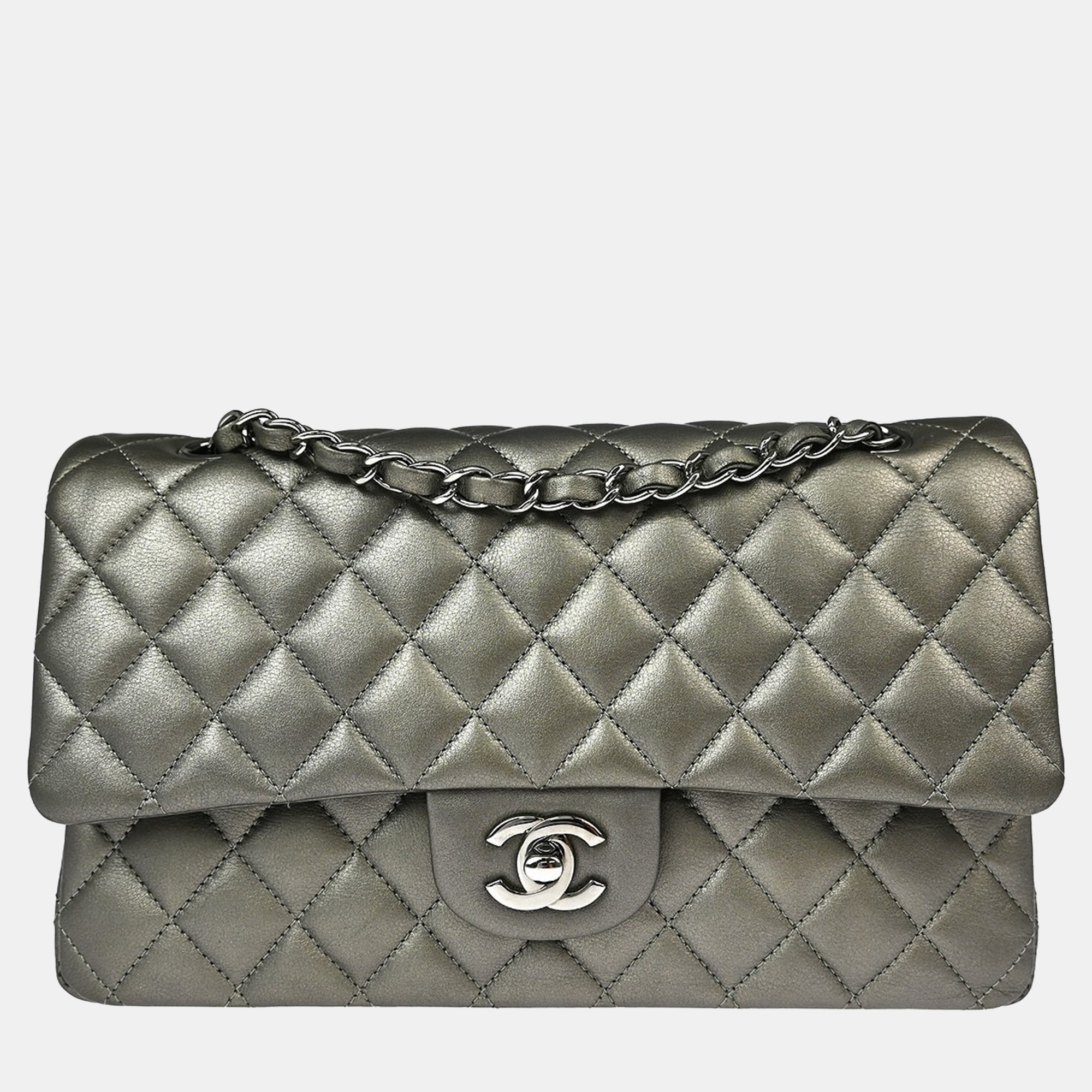 

Chanel Gray Lambskin Medium Classic Double Flap Shoulder Bag, Grey