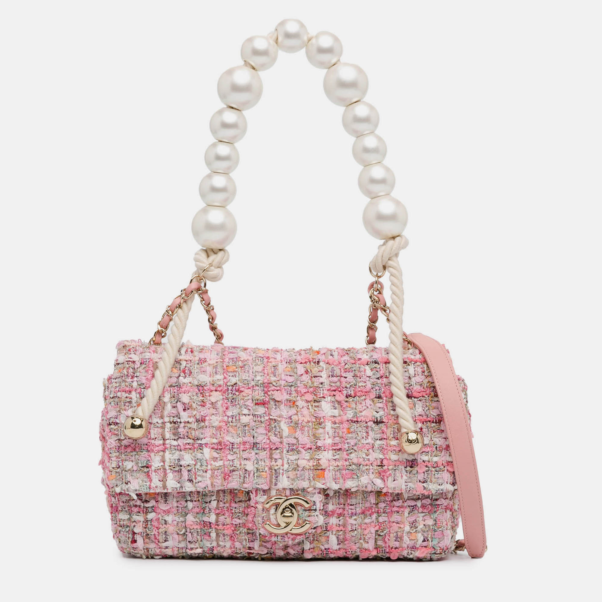 

Chanel Pink Medium Tweed Large Pearl Handle Flap