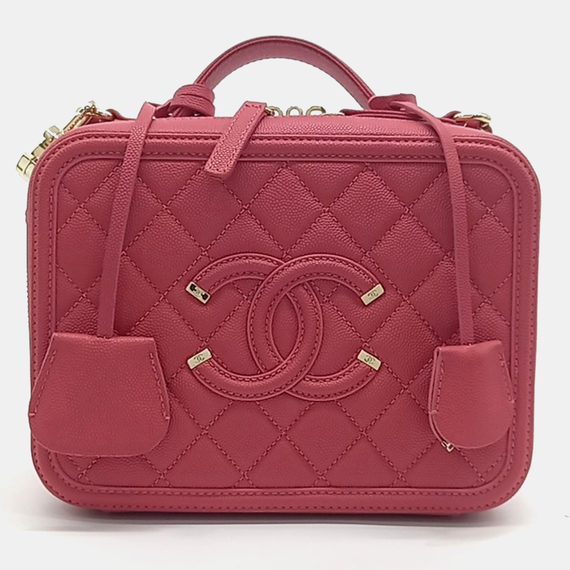 Pre-owned Chanel Pink Leather Cosmetic Tote And Shoulder Bag