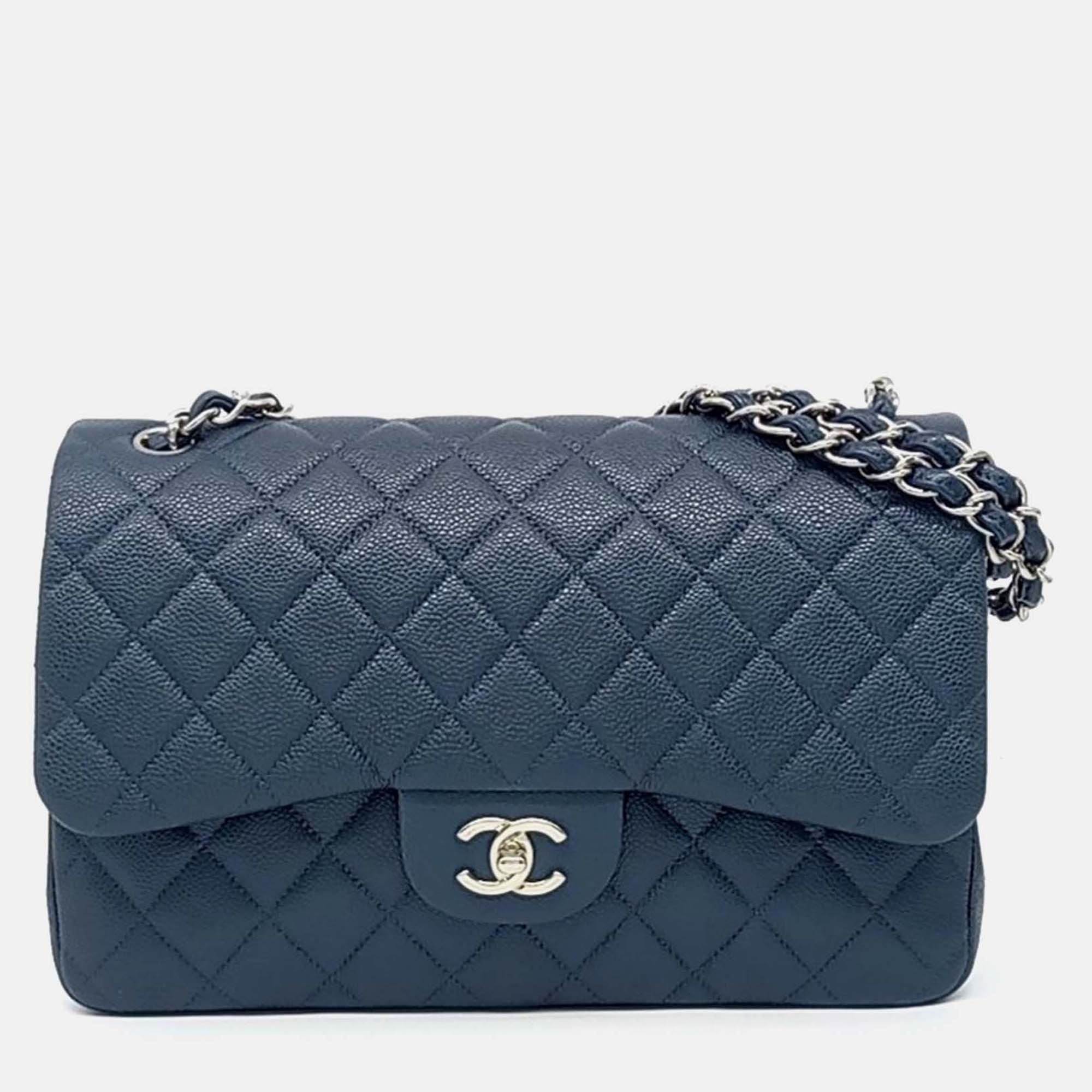 

Chanel Blue Leather Caviar Classic Jumbo