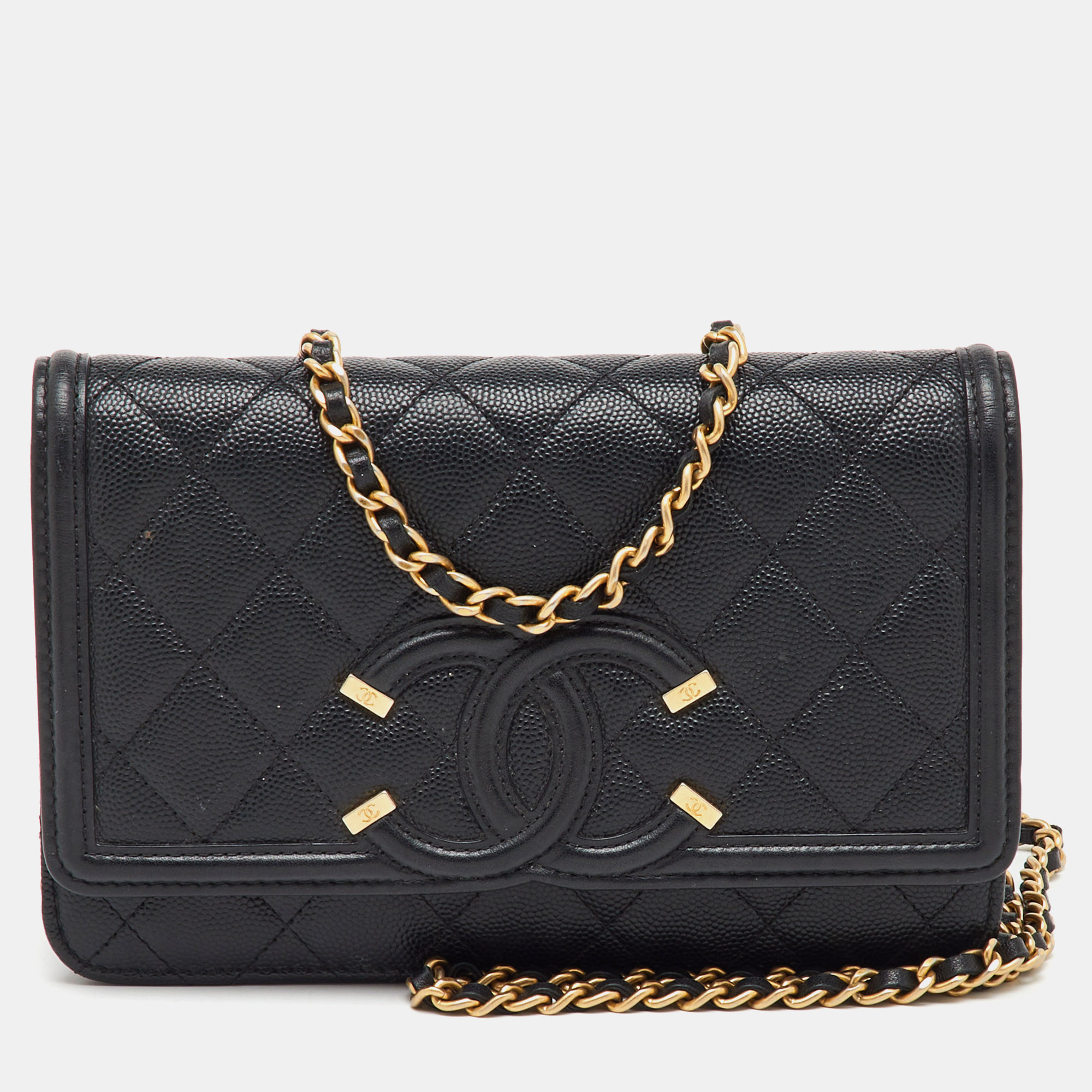 

Chanel Black Quilted Caviar Leather CC Filigree Wallet On Chain