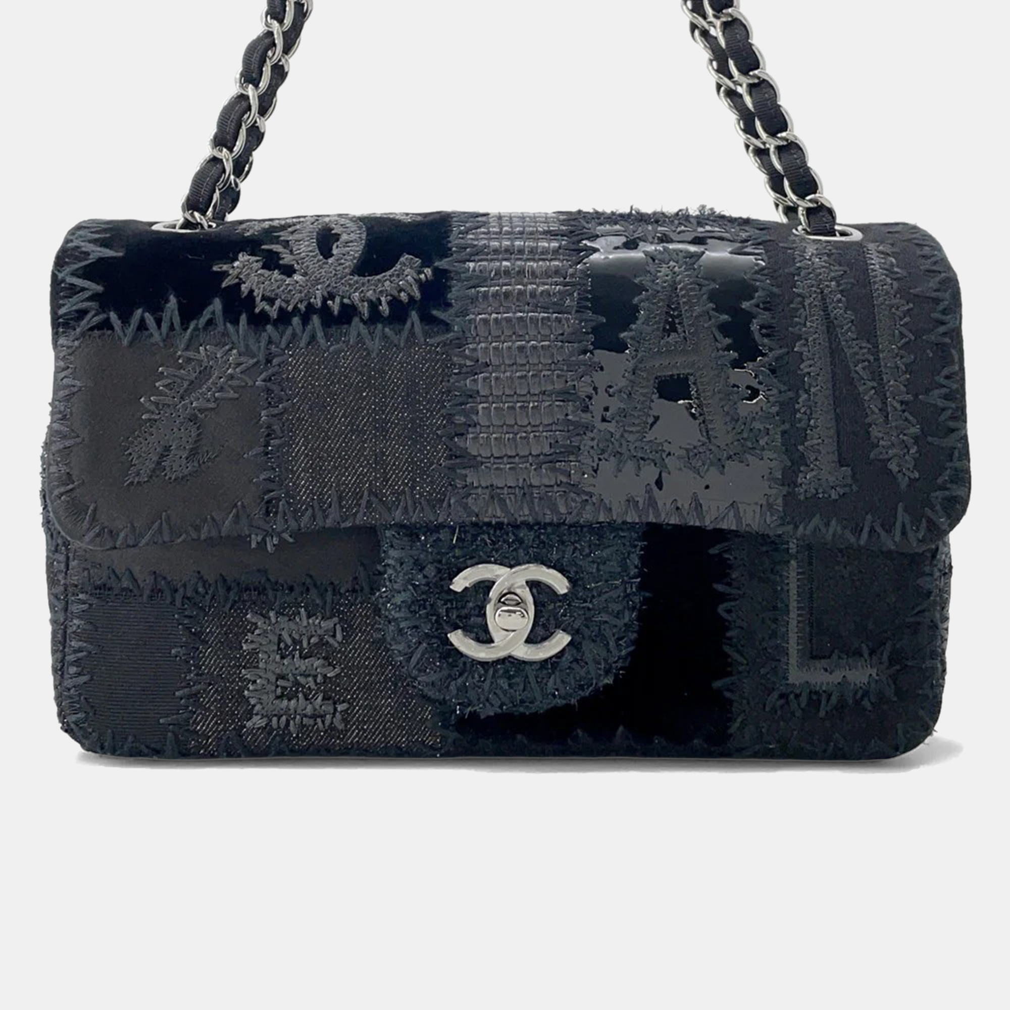 

Chanel Patchwork Single Flap Black Tweed Patent Leather Fabric Chain Shoulder Bag