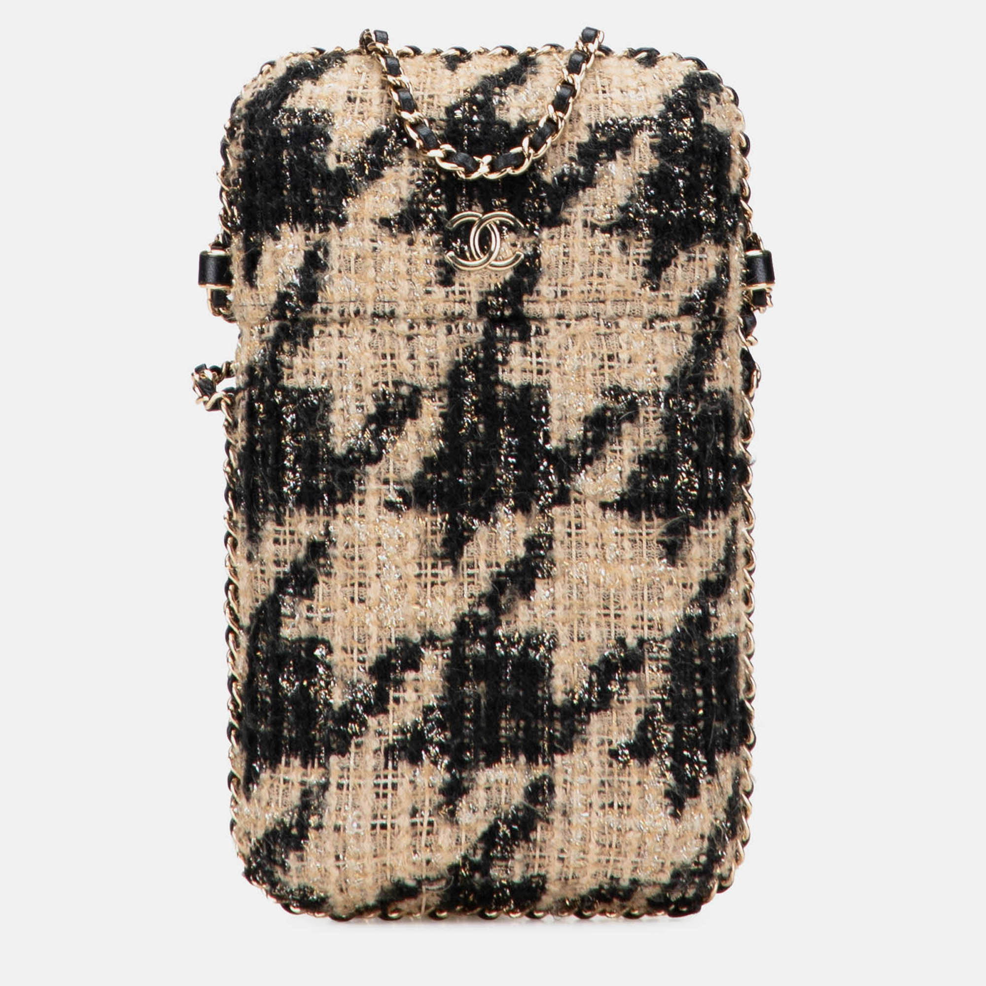 Chanel Brown Tweed Chain Around Phone Holder
